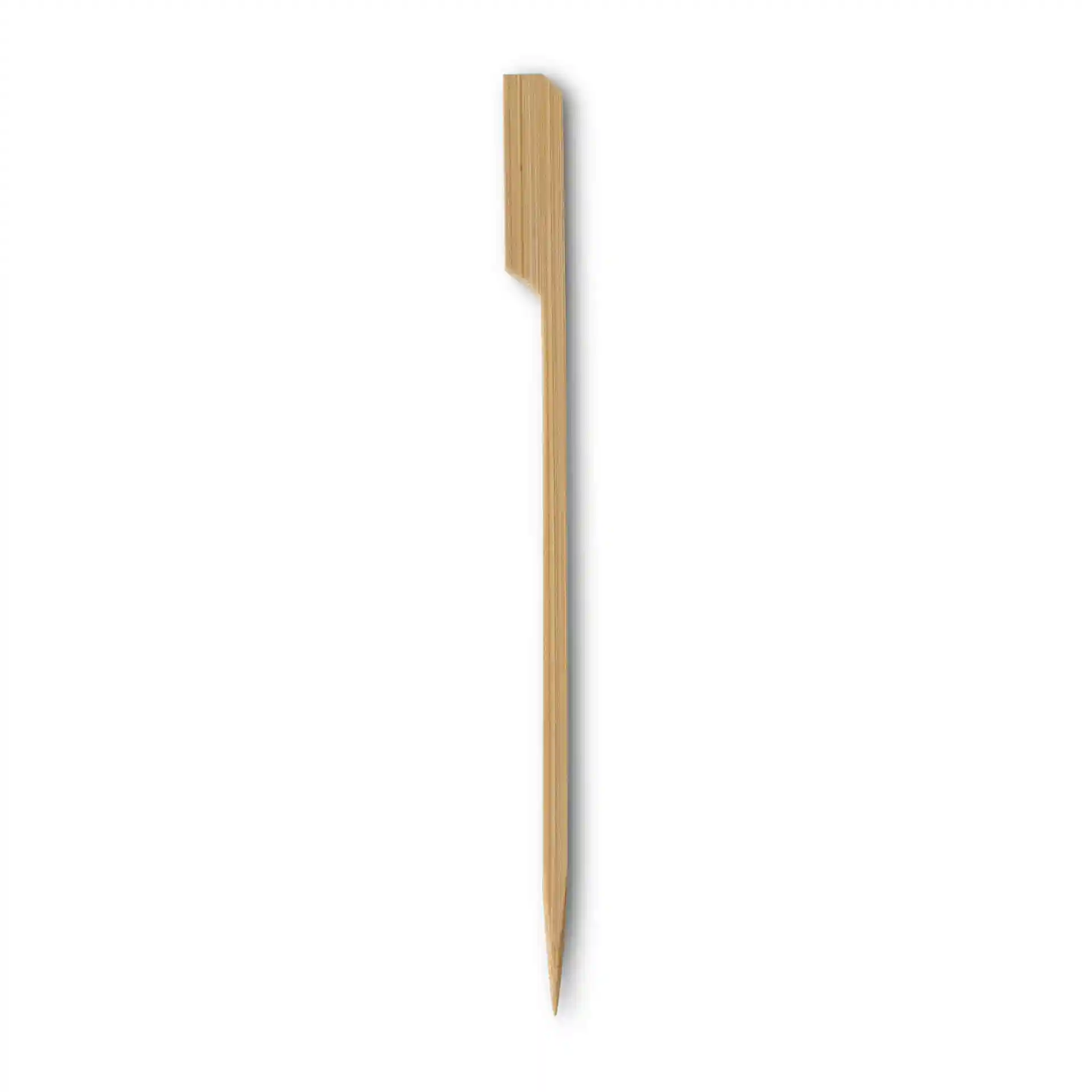 Bamboo paddle skewer, 15 cm long, untreated, with a flat top and pointed end, on a white background.
