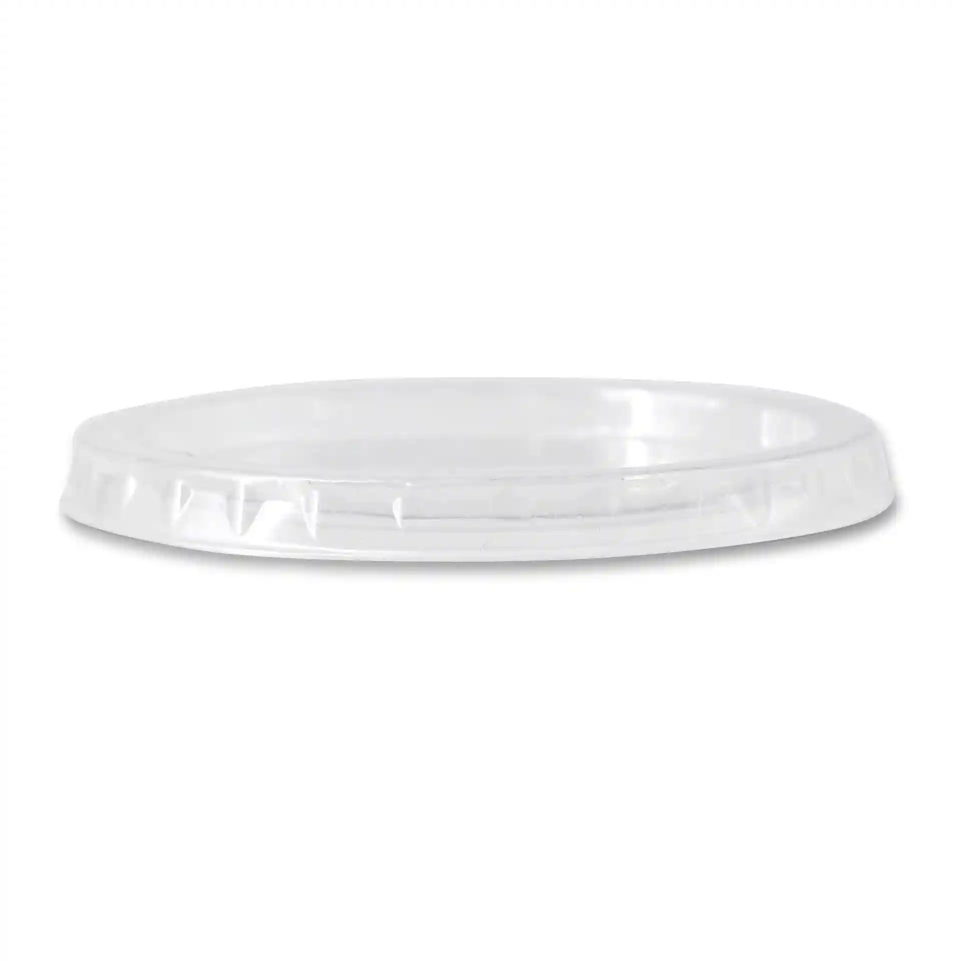 Transparenter runder PLA-Deckel mit einem Durchmesser von 70 mm, seitlich auf einem schlichten Hintergrund gezeigt.
