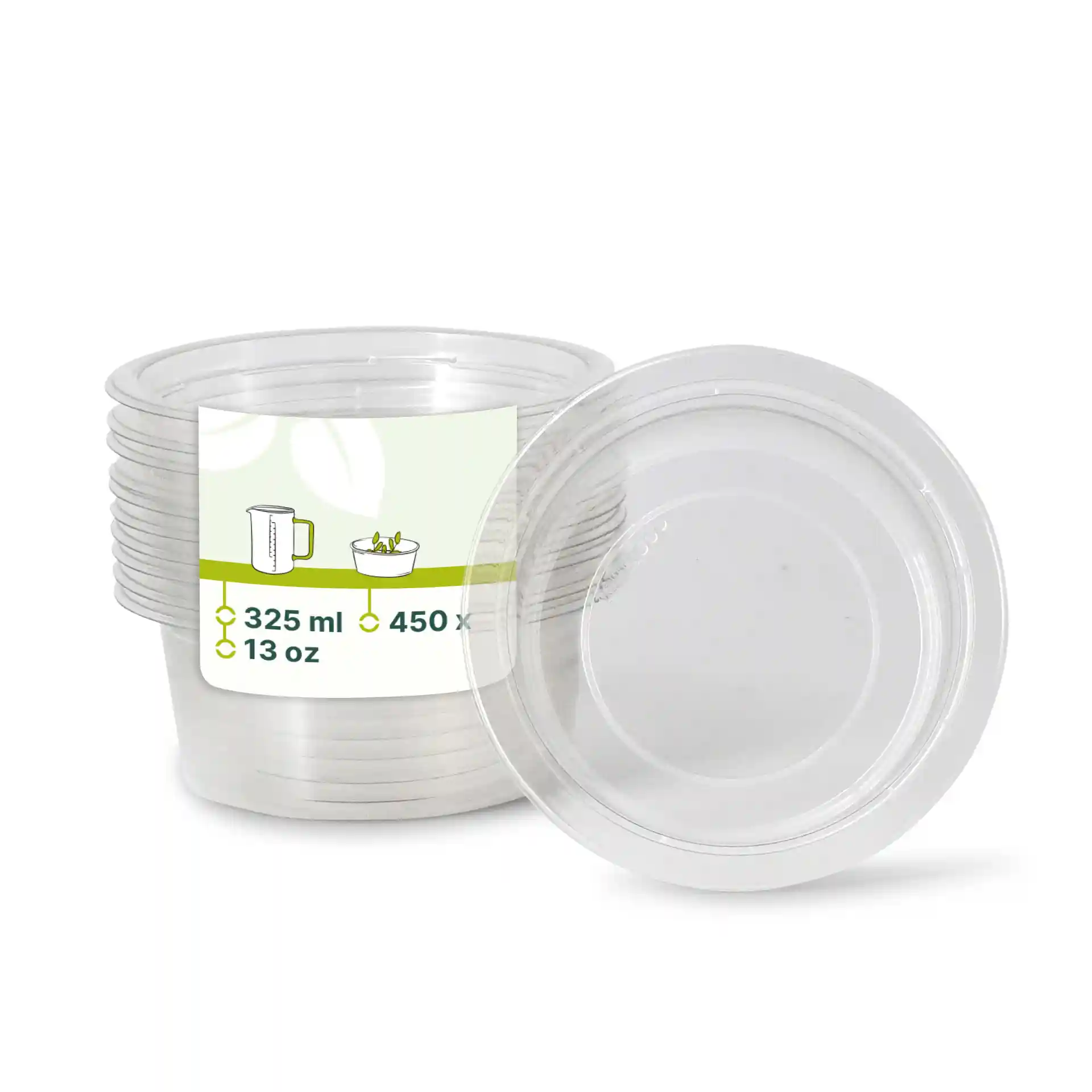 Transparente rPET-Deli-Töpfe, rund gestapelt, jeweils mit einem Fassungsvermögen von 325 ml und einem Durchmesser von 123 mm.