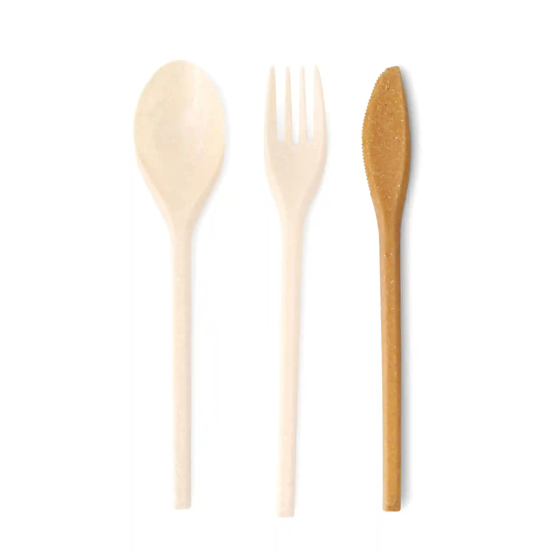 Image of a reusable spoon, fork, and knife set, featuring a light-colored spoon and fork, and a brown knife.