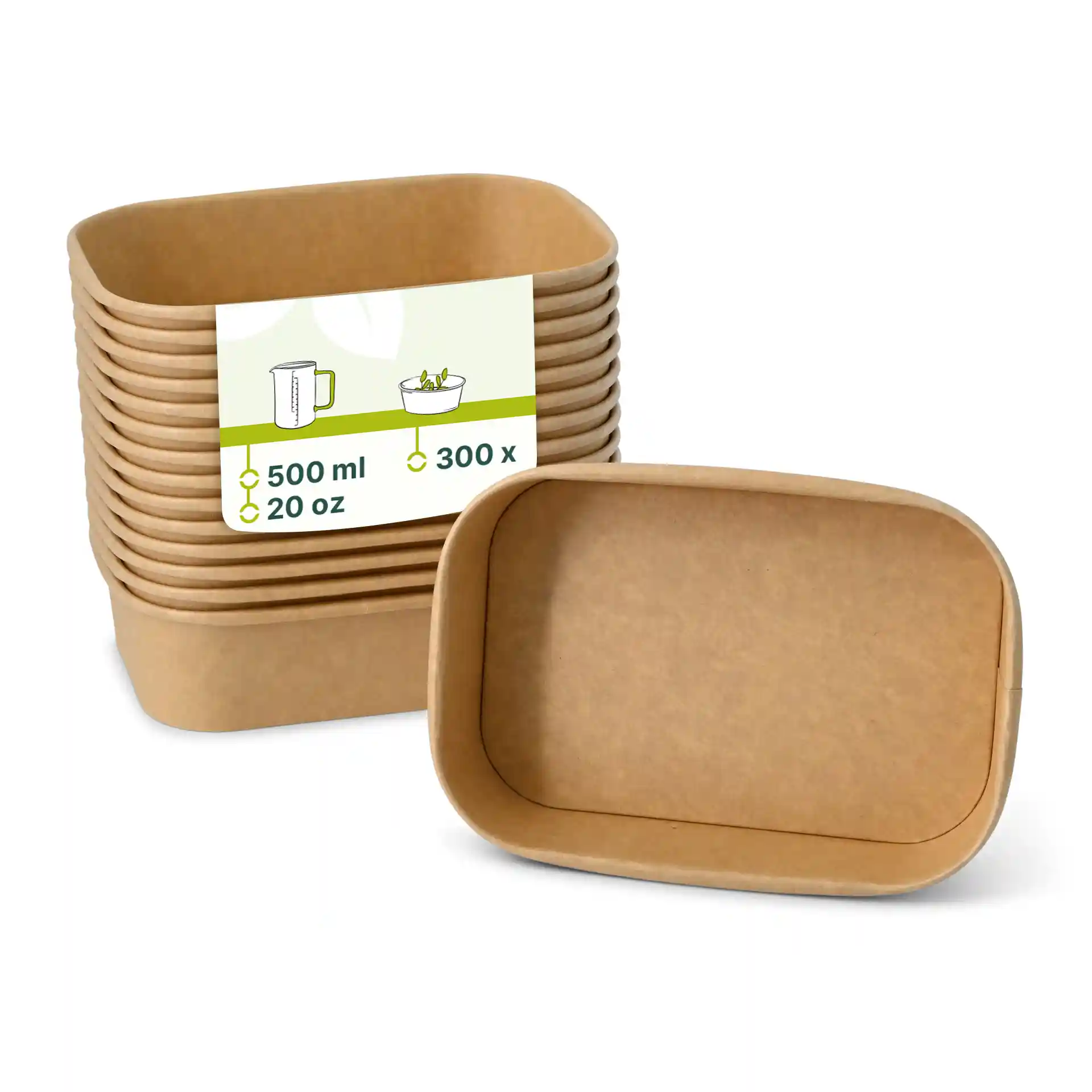 Rectangular brown cardboard food containers stacked, with one container in front showing a label with volume details.