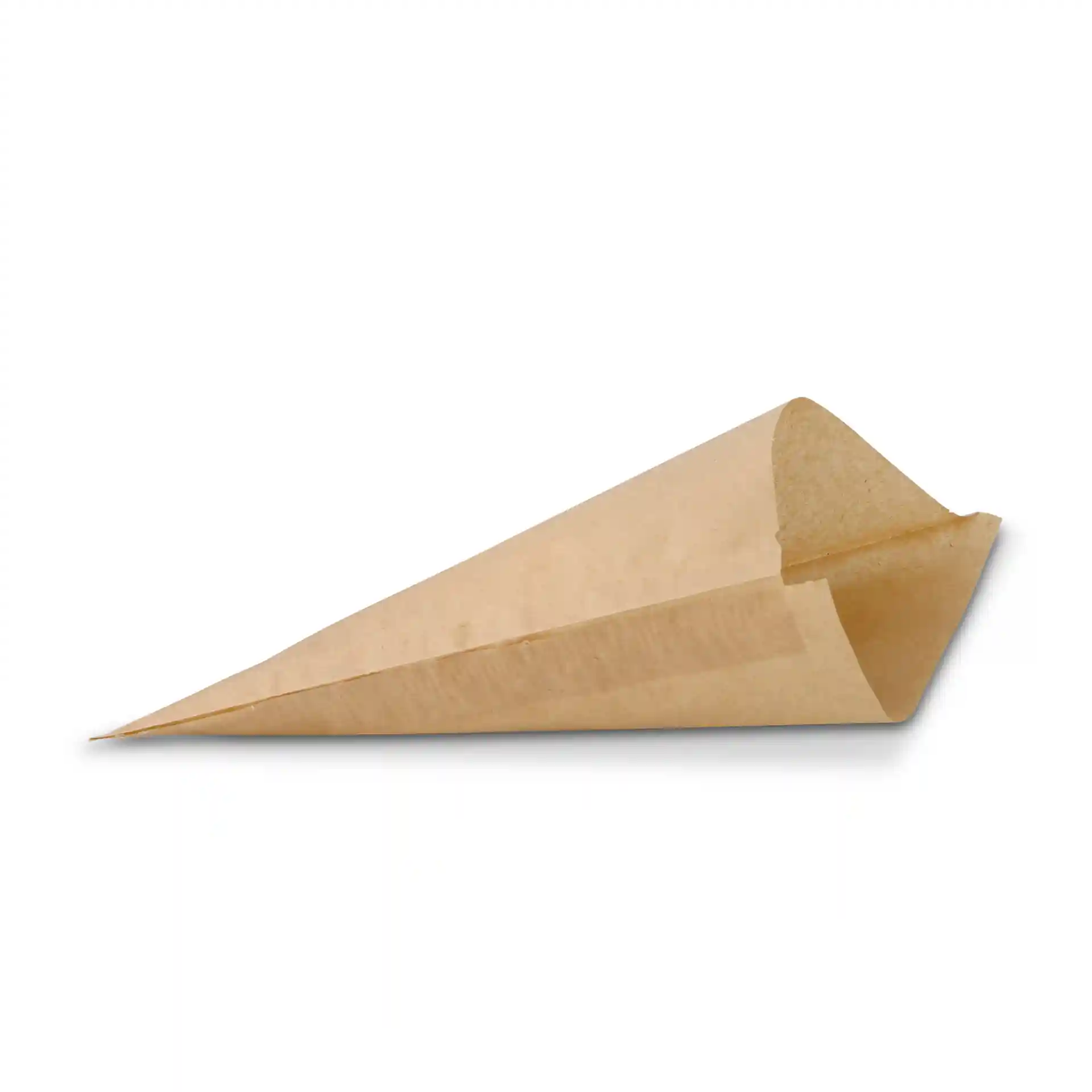 Brown paper cone for serving, measuring 19 cm in length and width, designed to be greaseproof.