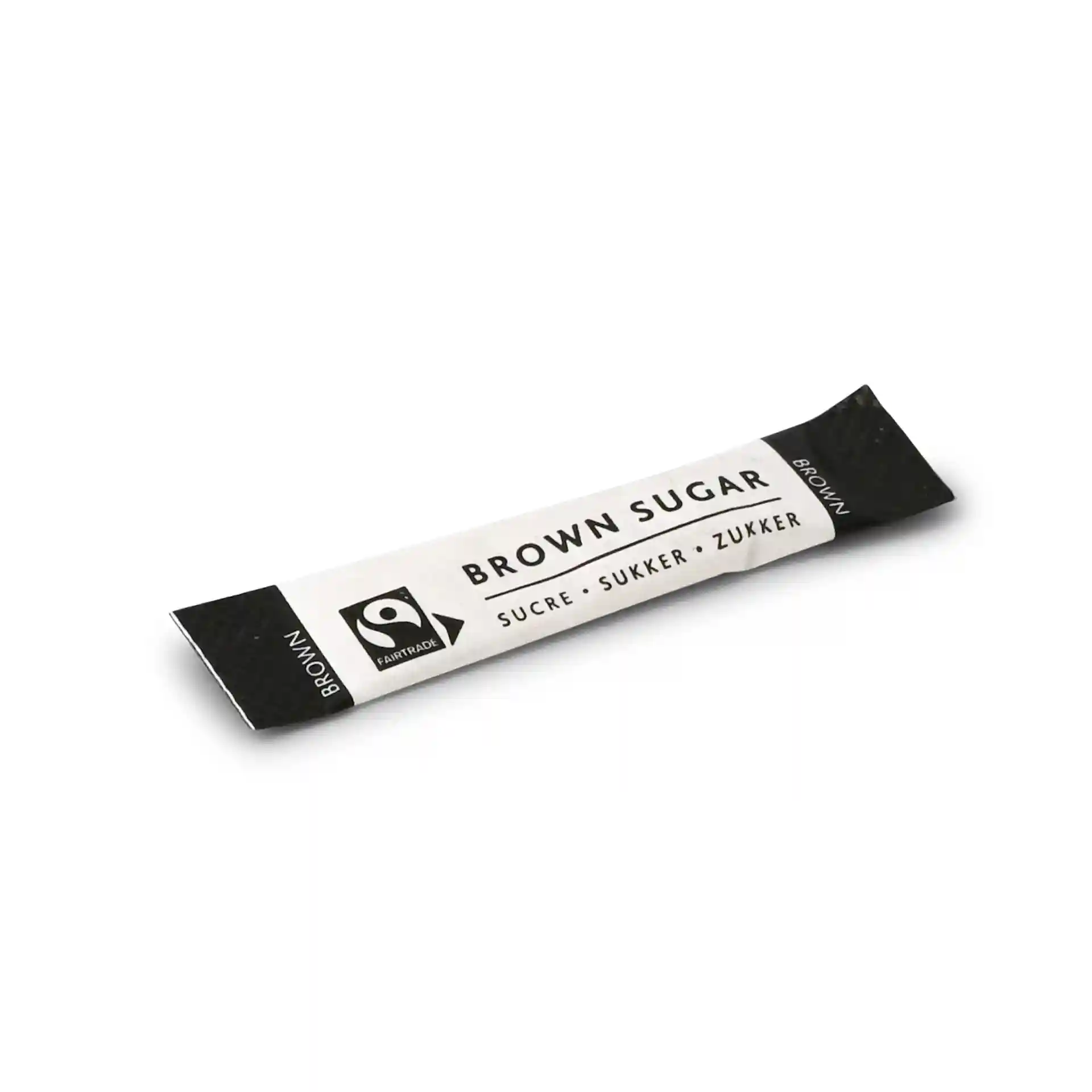 Brauner Zuckerstick mit einer schwarz-weißen Verpackung, 74 mm lang und 16 mm breit.