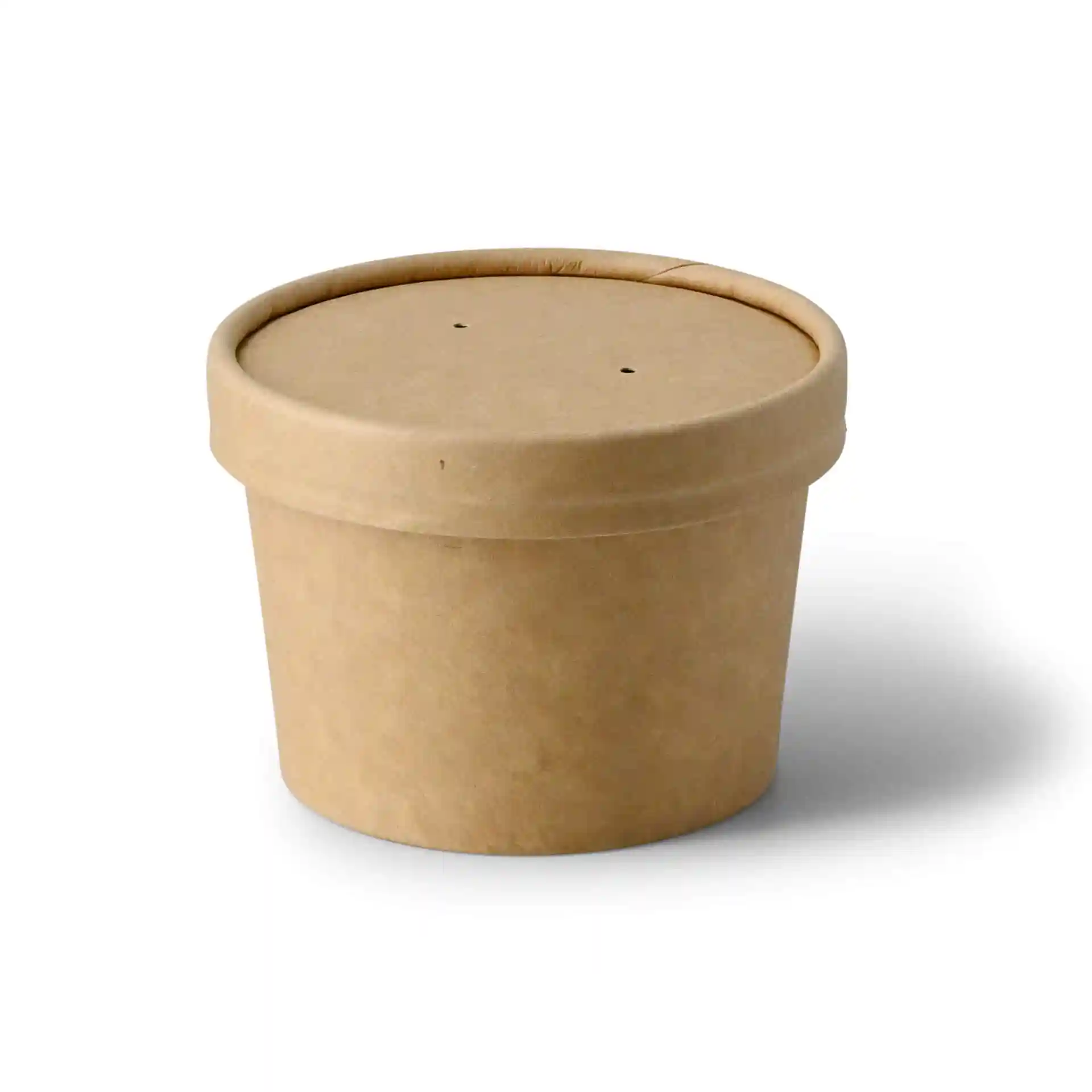 Brauner Pappbehälter für Takeaway-Suppe mit runder Form und Deckel, Durchmesser 90 mm.