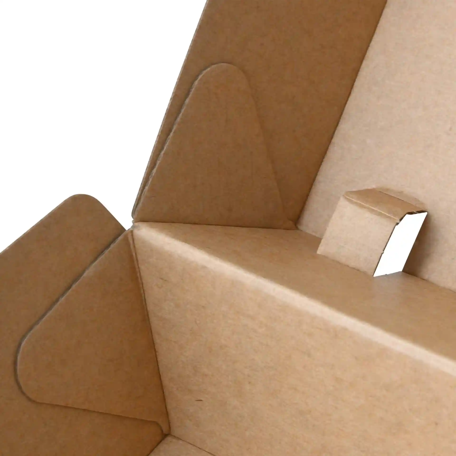 Nahaufnahme einer Kraftpapp-Burgerbox, die die Innenlaschen und einen Verschlusslasche zeigt.