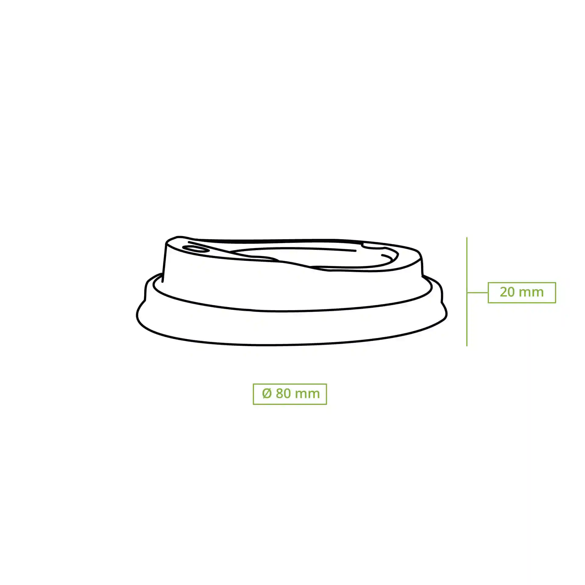 Schematische Zeichnung eines schwarzen CPLA-Deckels mit Trinköffnung, Maße 80 mm Durchmesser und 20 mm Höhe.