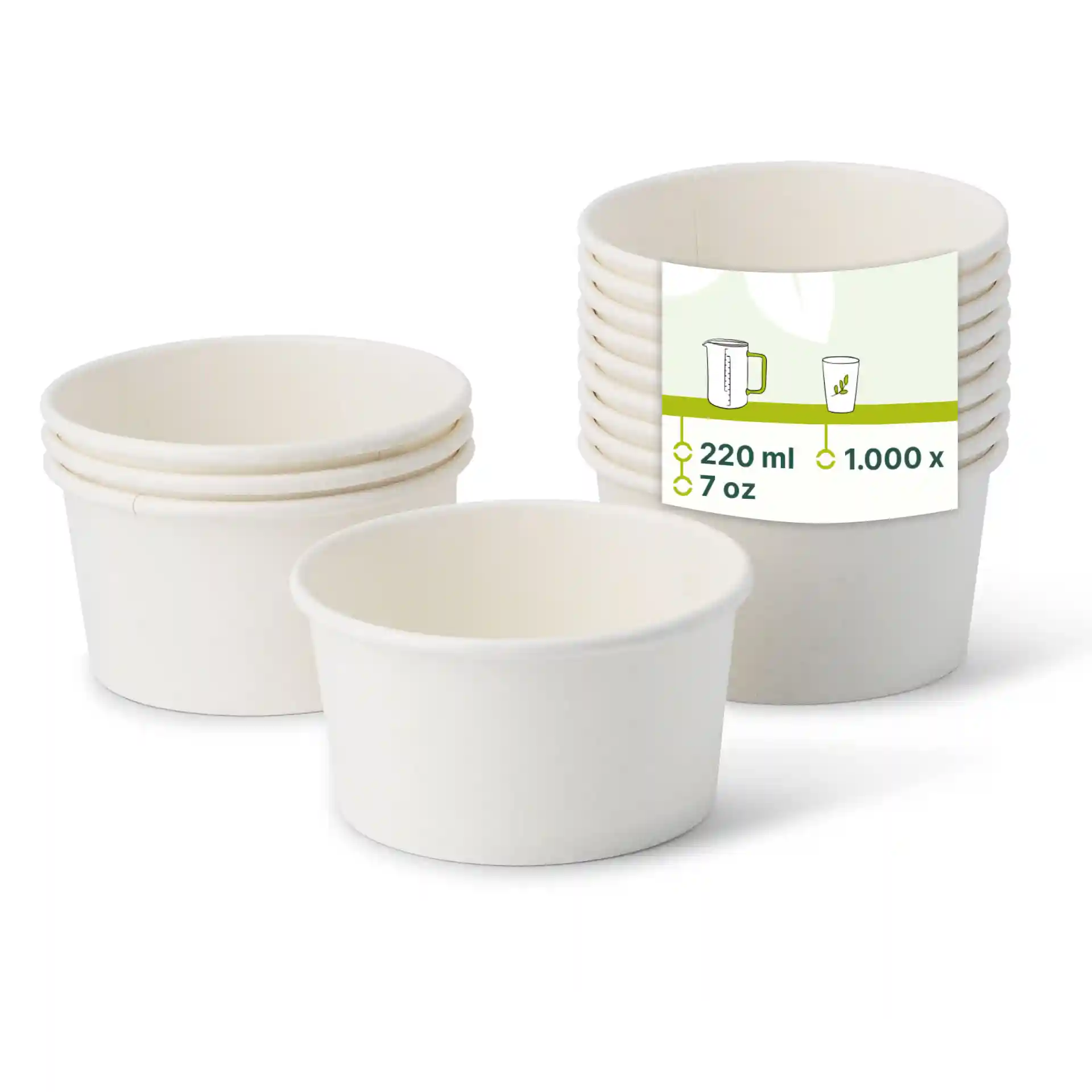 Stack of white paper ice cream cups with a label showing dimensions and volume, featuring several cups in the background.
