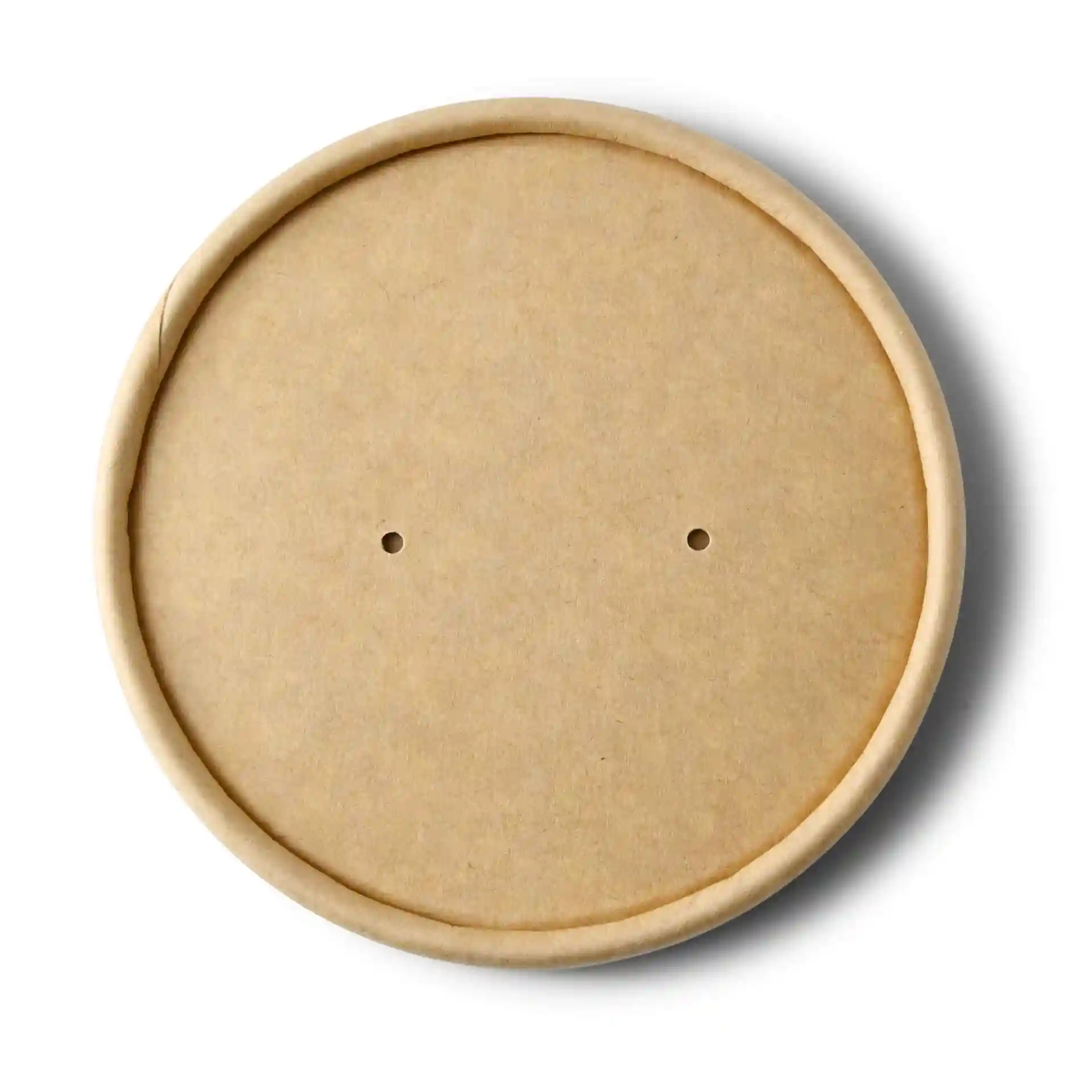Runder Kartondeckel in braun, mit einem Durchmesser von 90 mm und zwei kleinen Löchern.