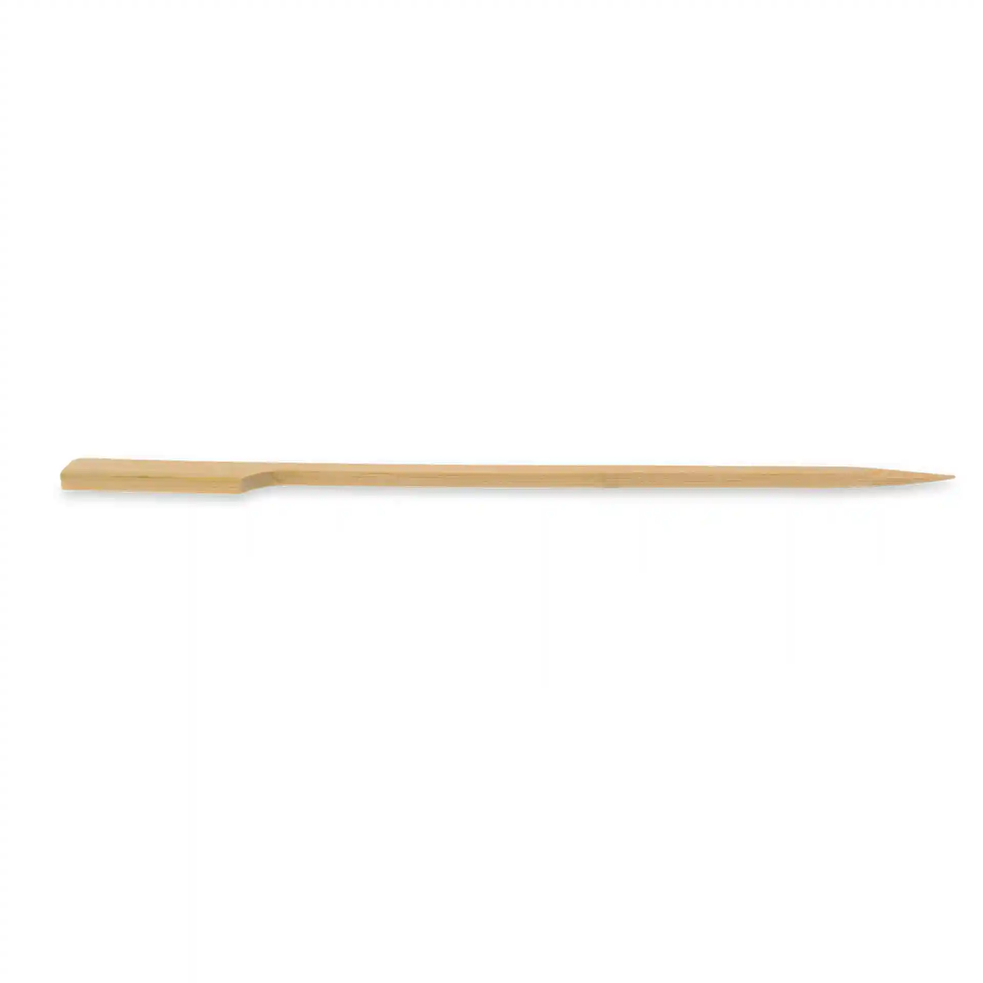 Bamboo paddle skewer, 15 cm long, untreated, with a flat end and pointed tip, on a white background.