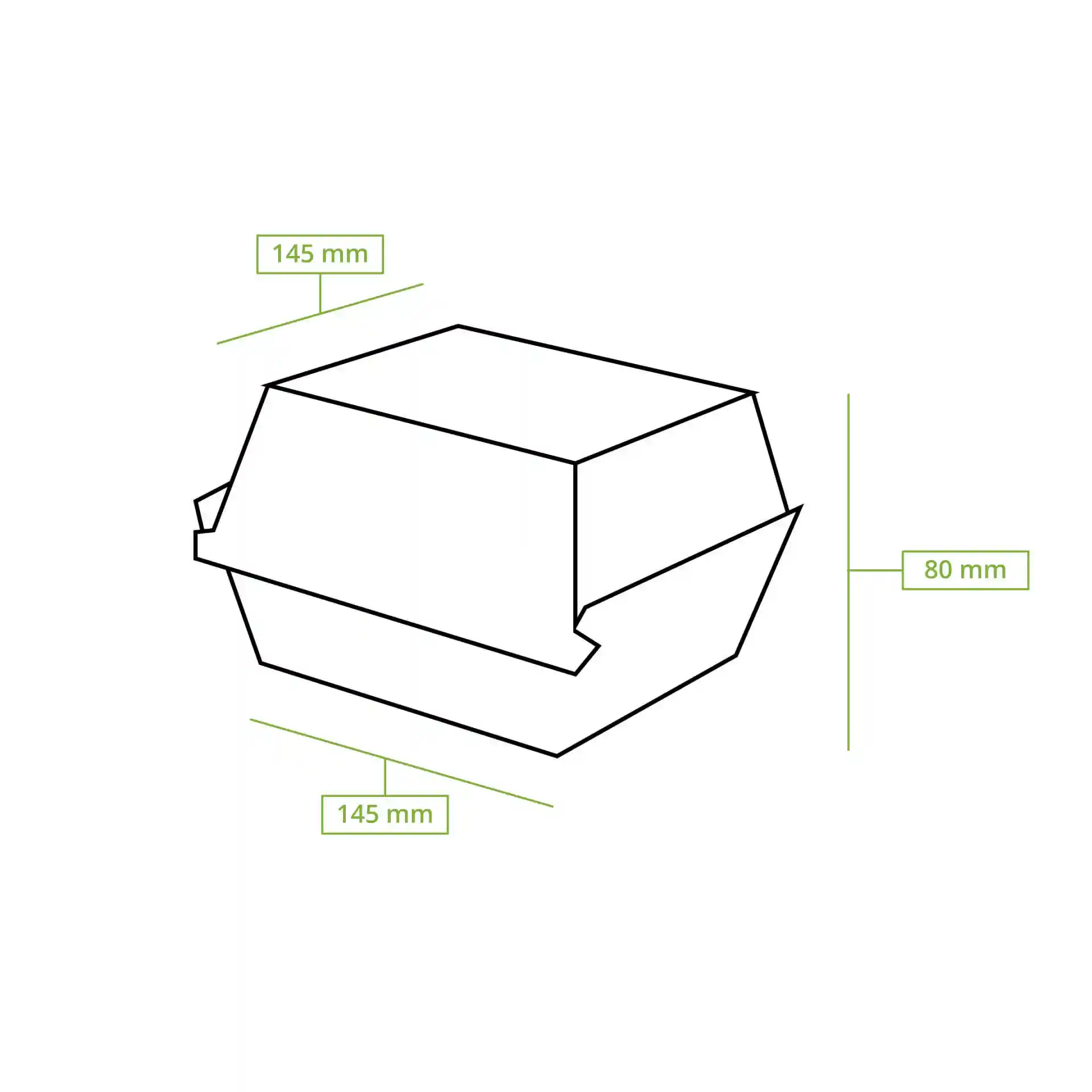Schematische Zeichnung einer quadratischen Takeaway-Burgerbox mit den Maßen 145 mm x 145 mm und einer Höhe von 80 mm.