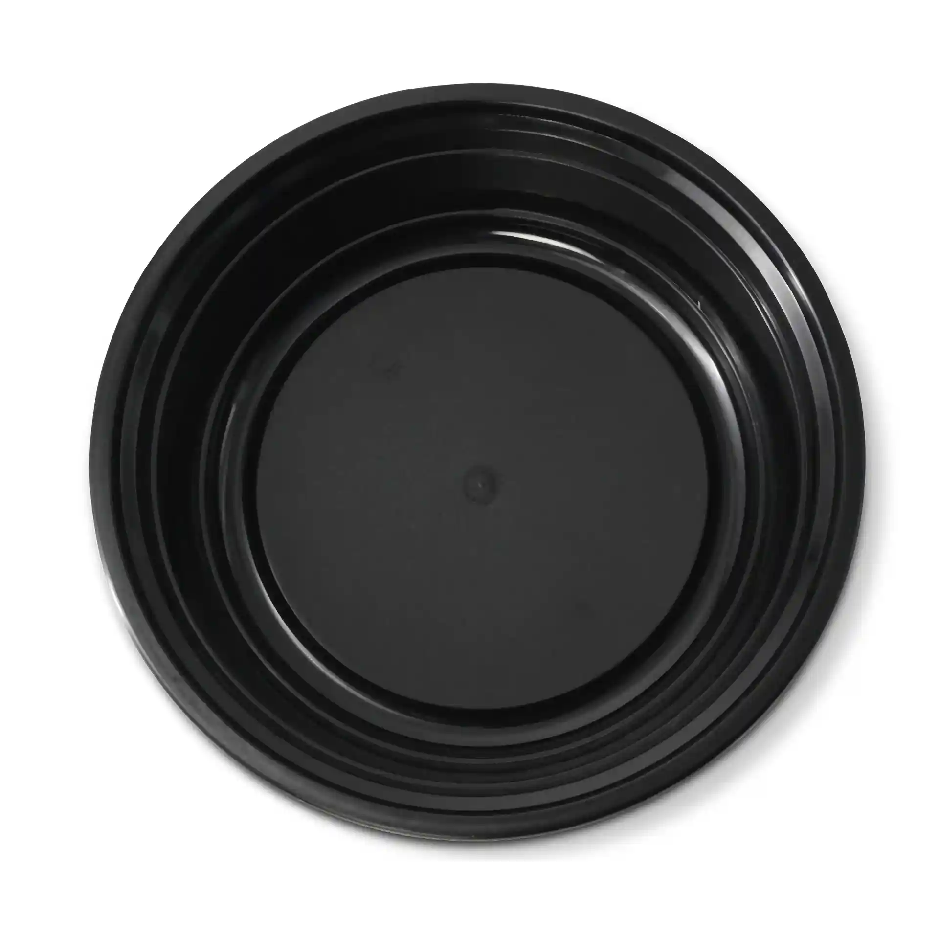 Runde schwarze wiederverwendbare Platte aus Polypropylen, 700 ml Fassungsvermögen, Durchmesser 182 mm, Höhe 44 mm.