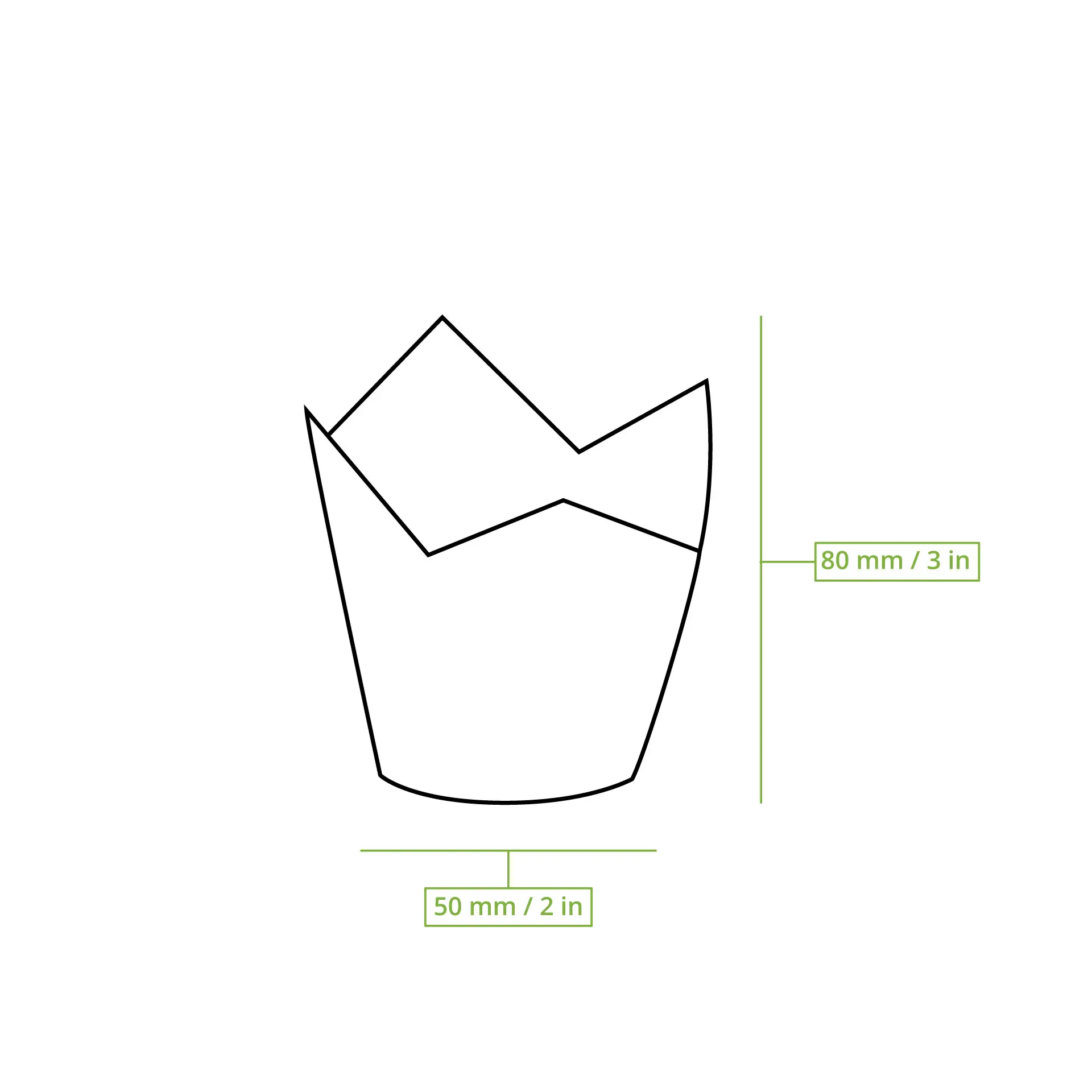 Schematische Zeichnung eines braunen Papierbechers für Muffins mit 80 mm Höhe und 50 mm Durchmesser.