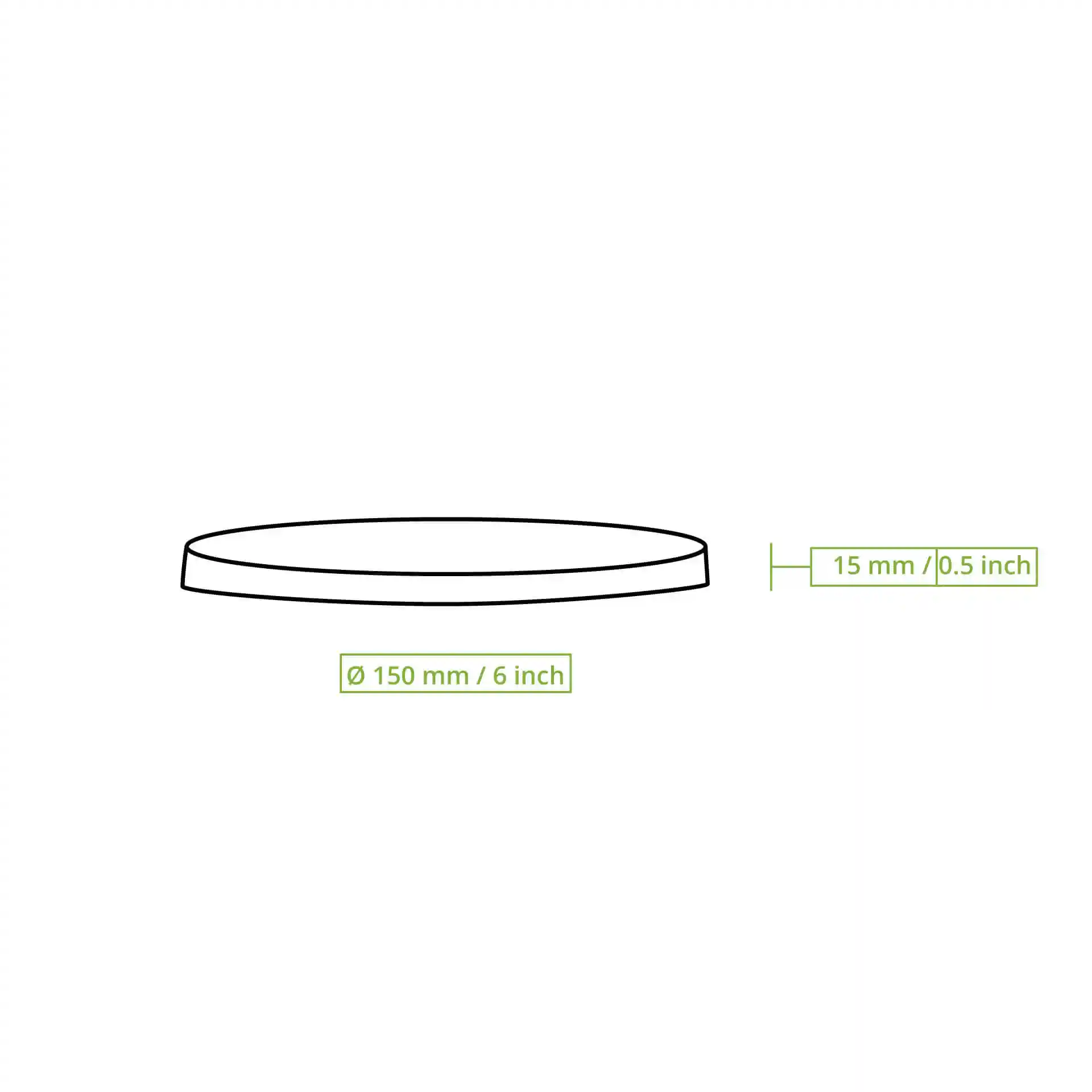 Schematic drawing of a round lid with a diameter of 150 mm and height of 15 mm, shown on a plain background.