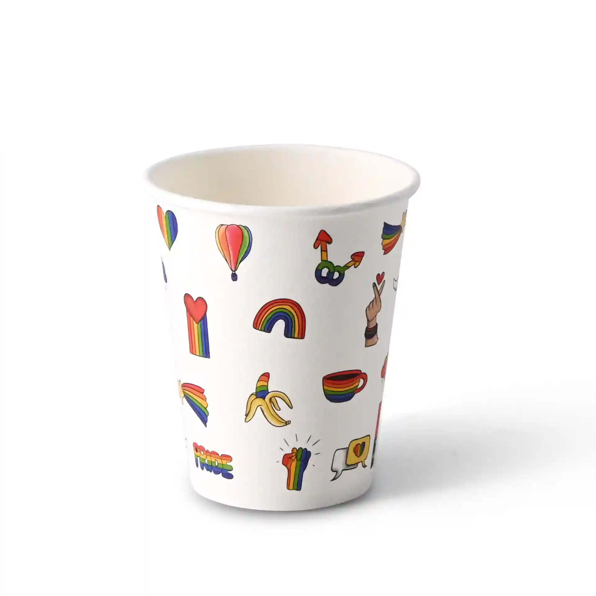 White paper cup with colorful printed designs including hearts, rainbows, and balloons.
