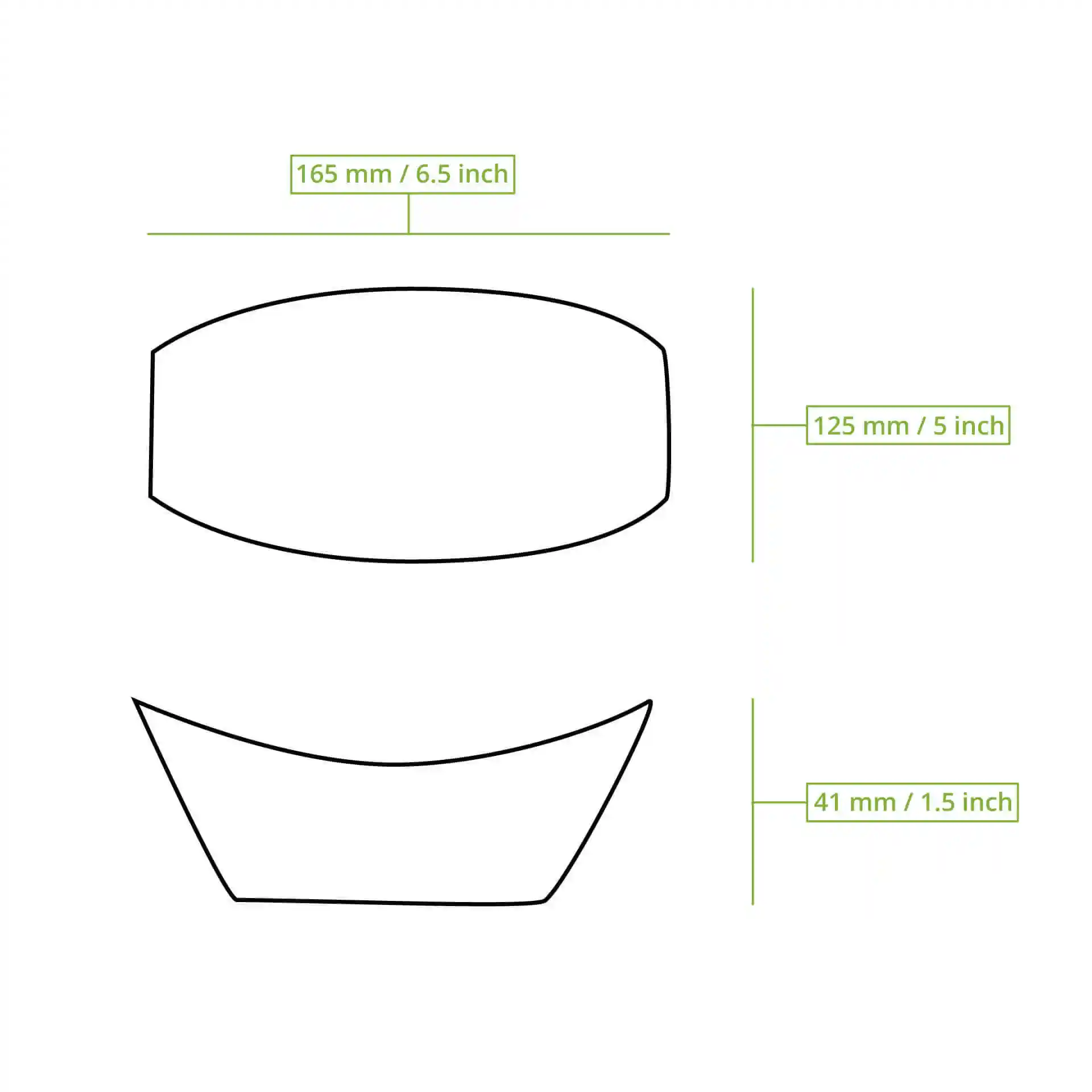 Schematic drawing of a rectangular food tray with dimensions labeled: 165 mm length, 125 mm width, and 41 mm height.