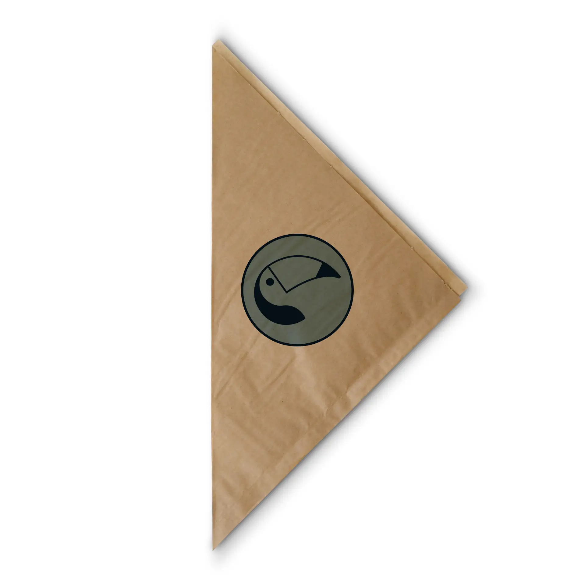 Brown paper cone bag with a circular logo featuring a stylized toucan; suitable for fries and snacks.