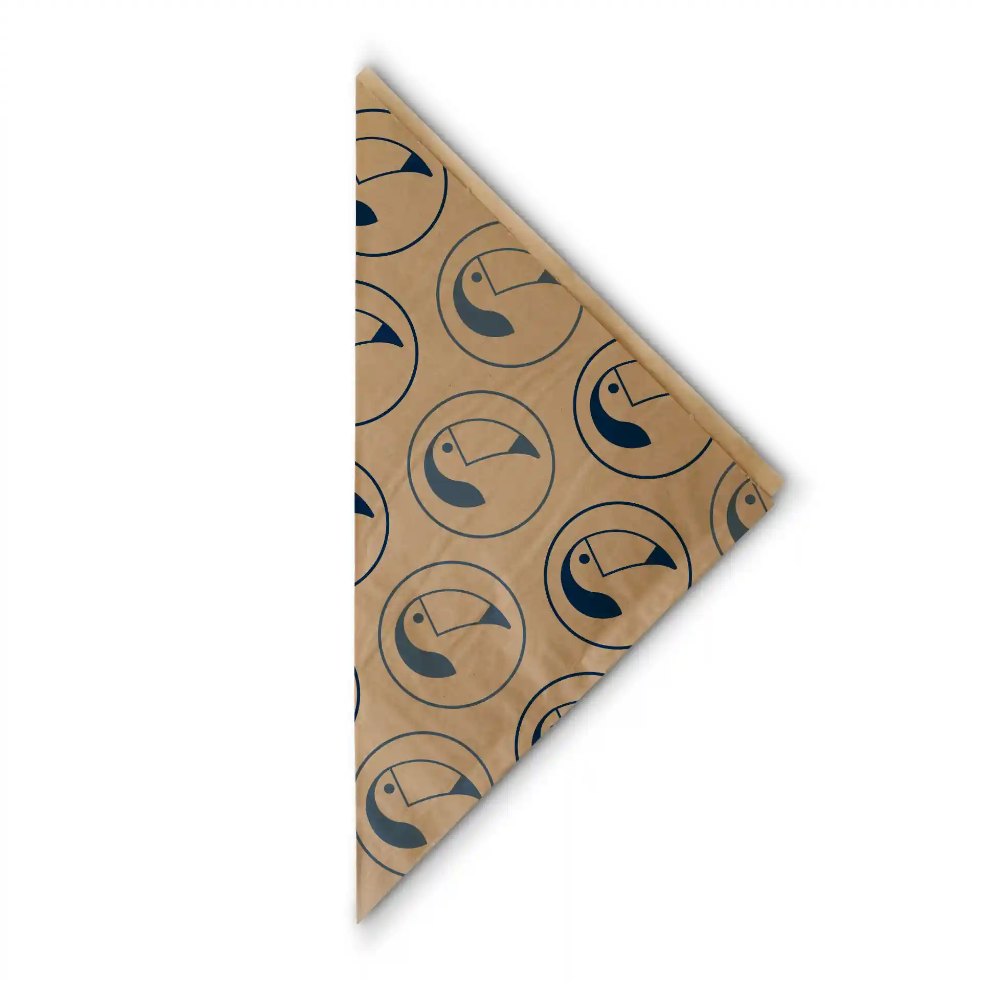 Brown printed paper cone with a repeating toucan design, measuring 23 x 23 cm.