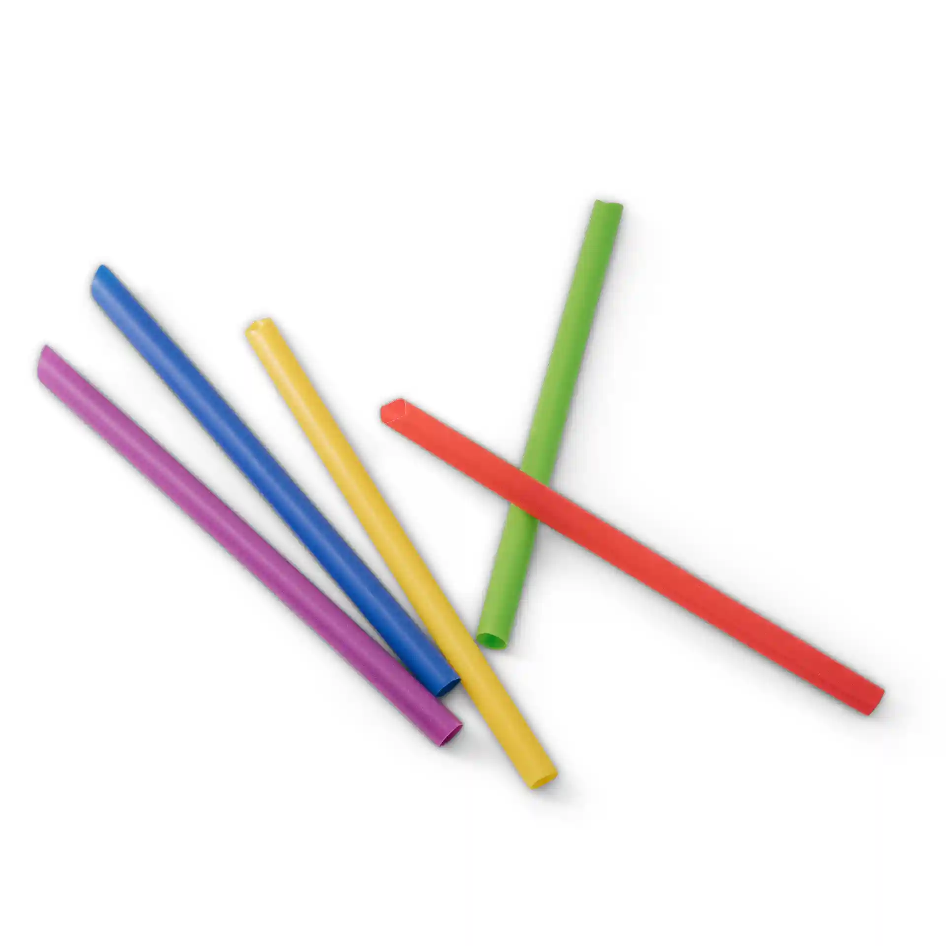 Colorful reusable bubble tea straws, measuring 20 cm in length and 1.2 cm in diameter, arranged on a white background.