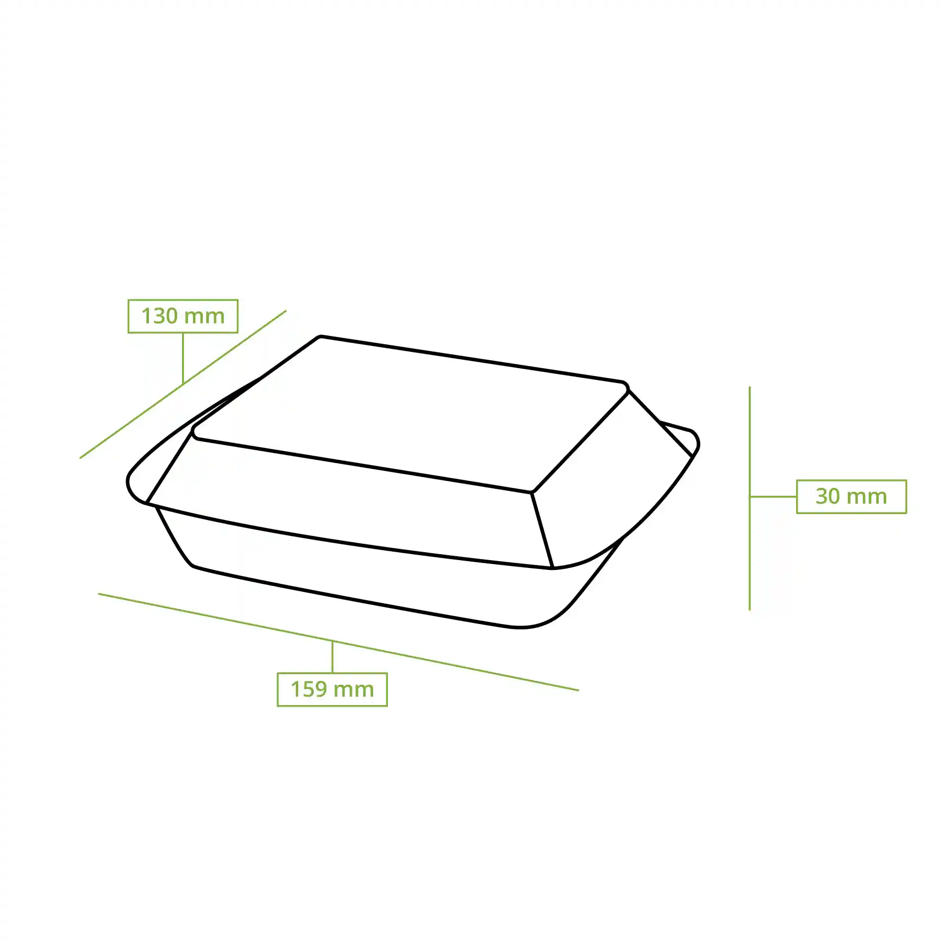 Schematic drawing of a rectangular deli bowl with dimensions 159 mm length, 130 mm width, and 30 mm height.