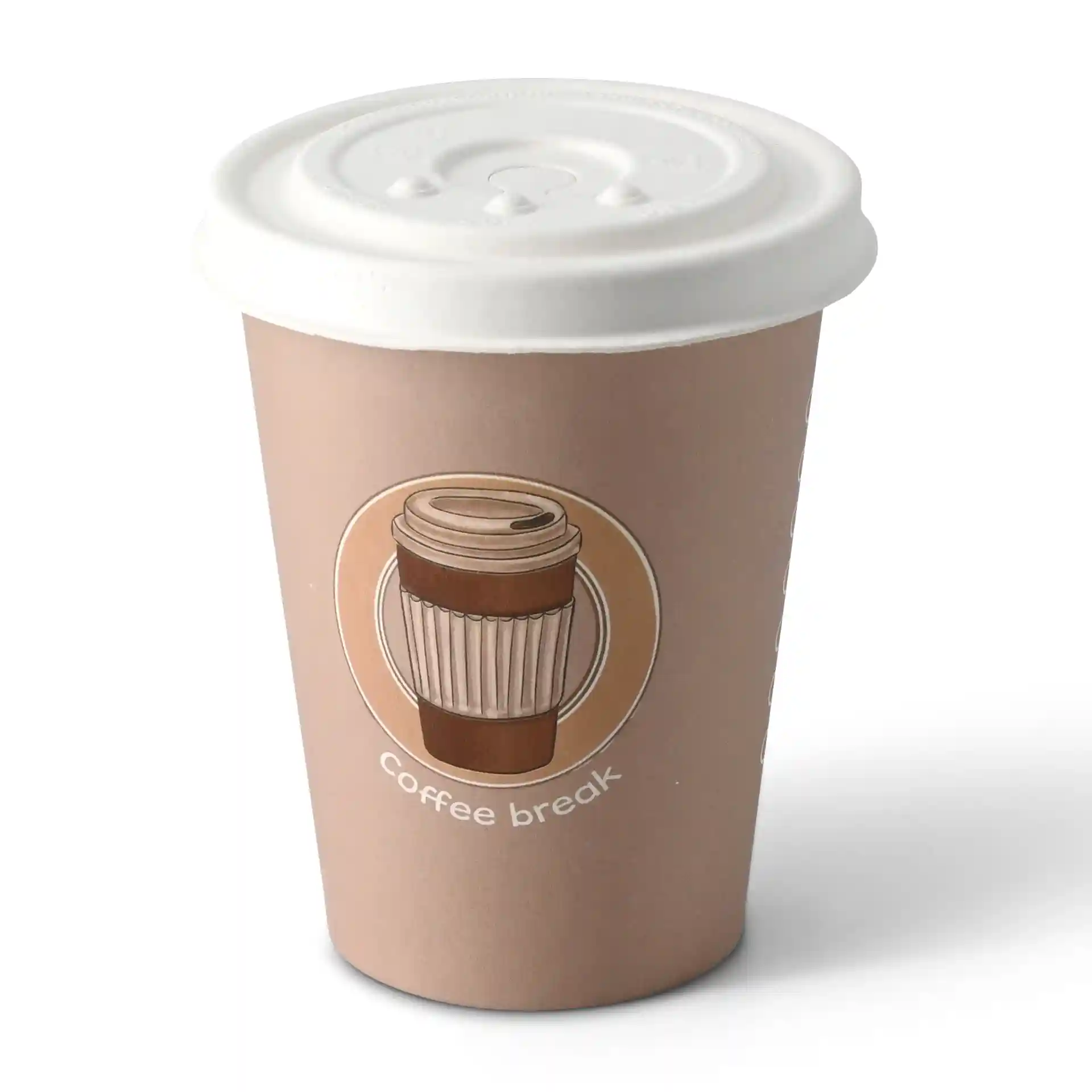 Brown paper cup with a white lid featuring a coffee graphic and the text "coffee break" on the front.