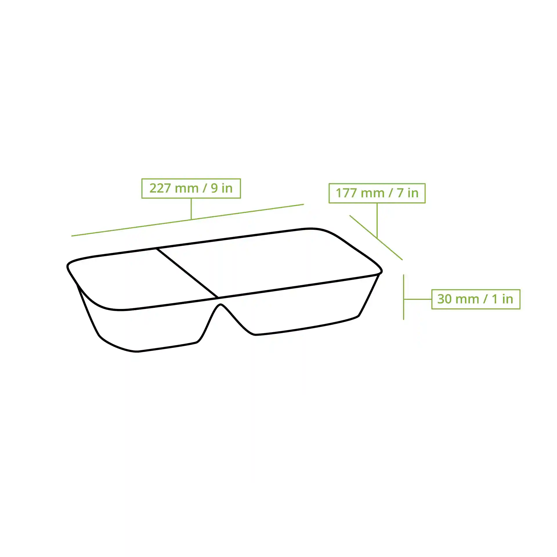 Schematic drawing of a rectangular aluminium meal tray with two compartments and dimension lines.