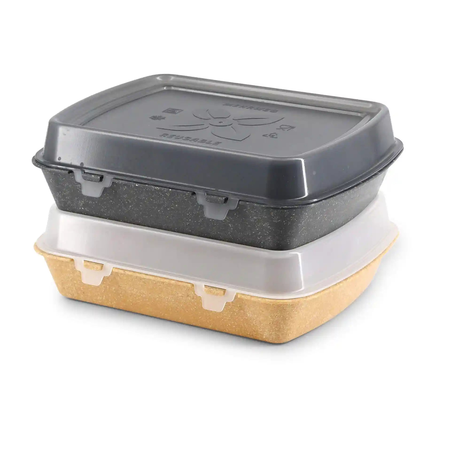Stacked reusable menu containers in grey and beige, rectangular shape, with lids and visible clasps.
