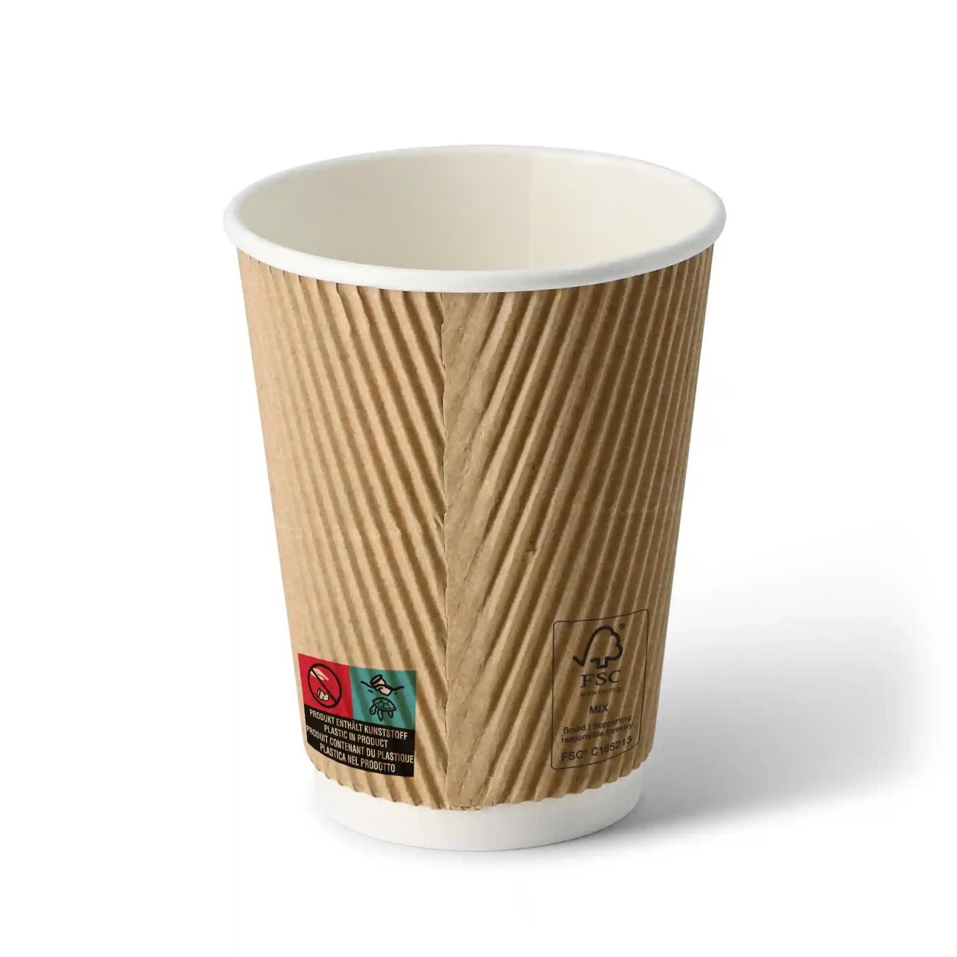 Brauner Becher mit Wellenmuster und weißer Innenbeschichtung, 12 oz Kapazität, runde Form und sichtbare Warnhinweise an der Seite.