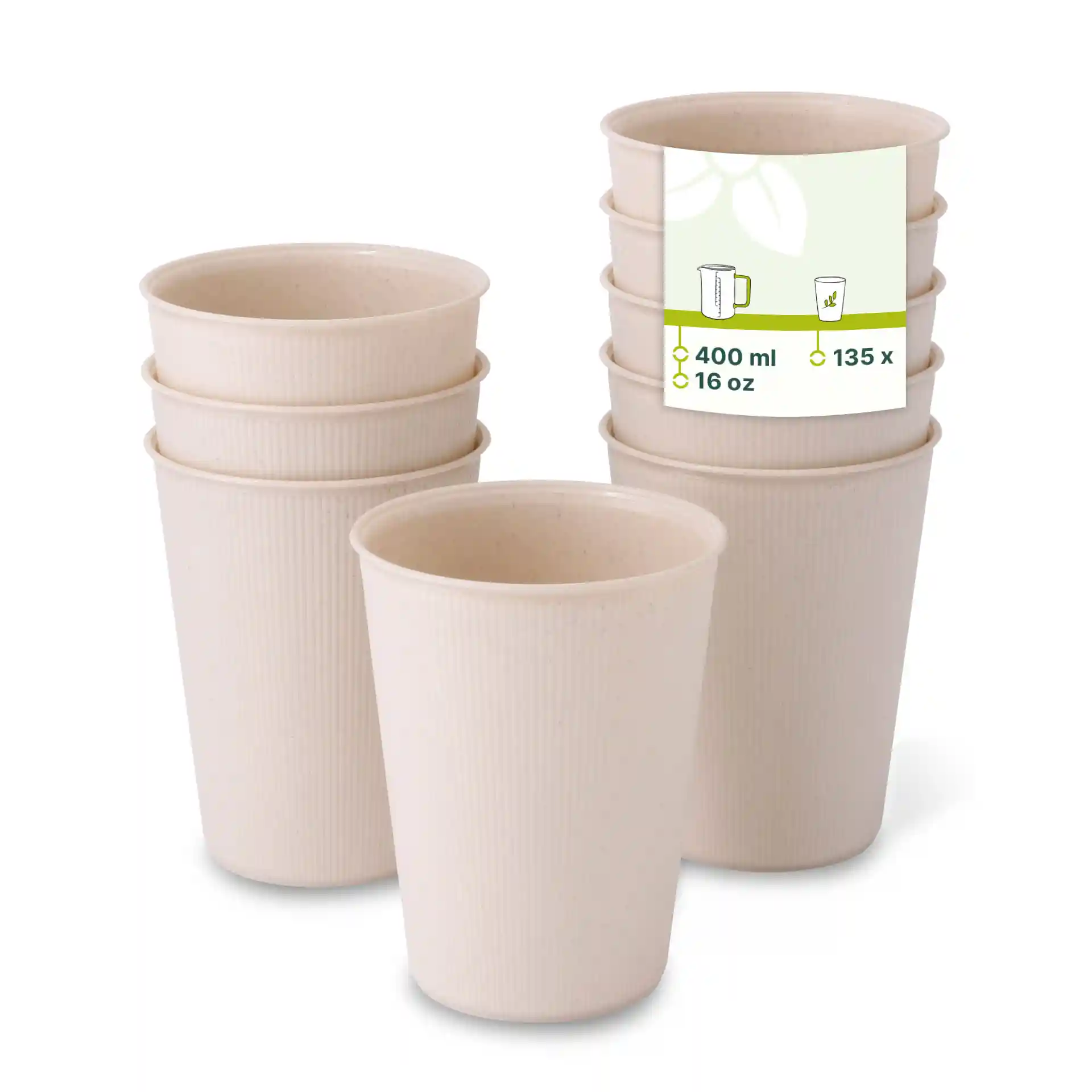 Ribbed cream white reusable cups stacked, with one cup in front showing a label indicating 400 ml capacity.
