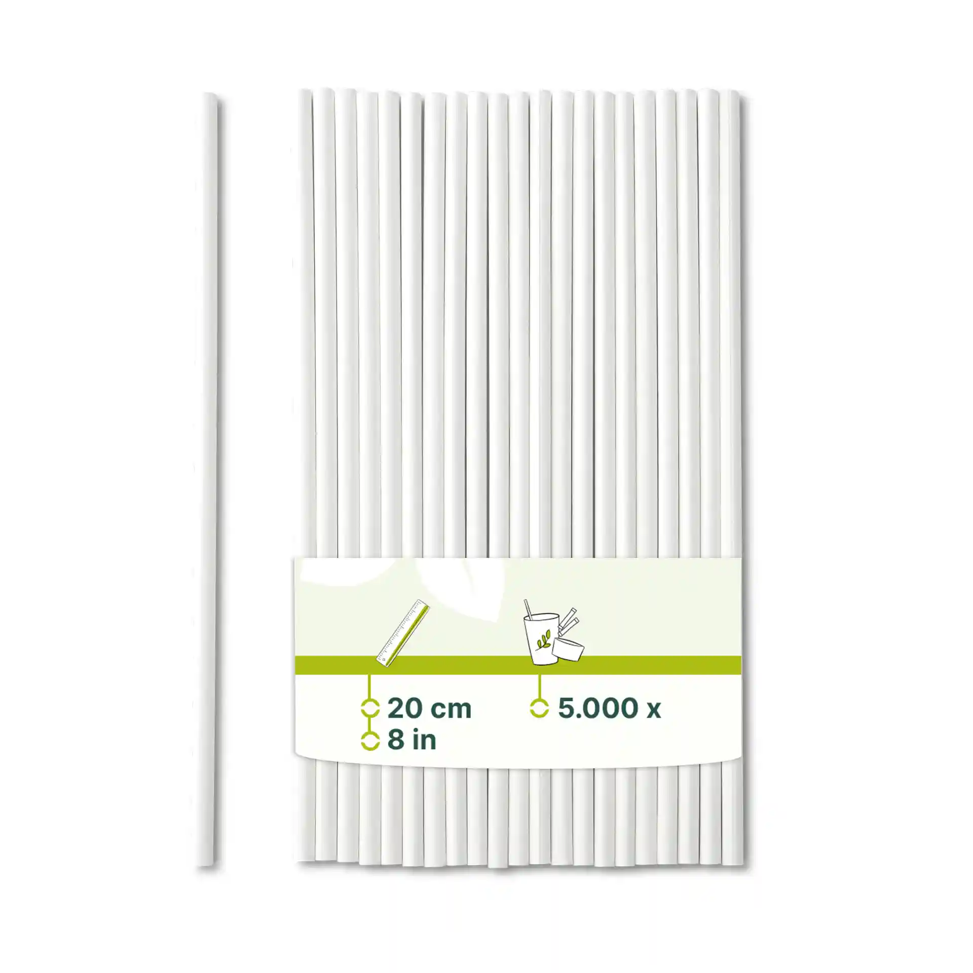 White paper straws, 20 cm long and 0.5 cm in diameter, displayed with a label.