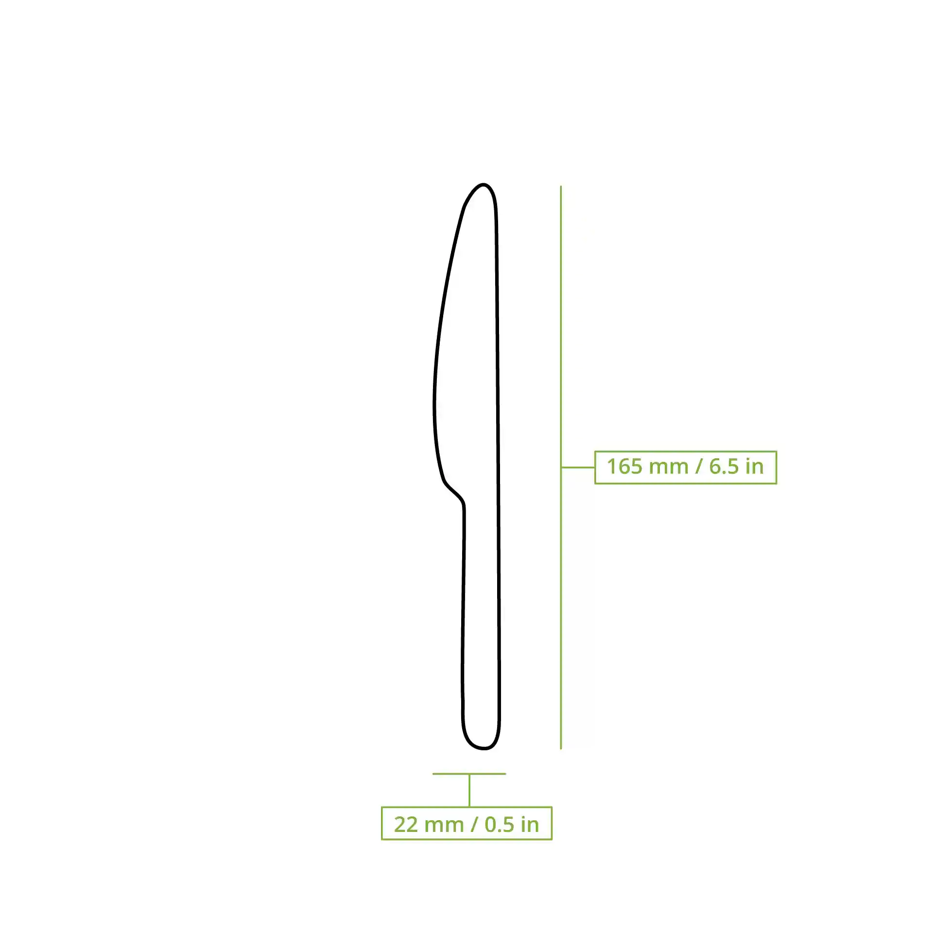 Schematische Zeichnung eines Holzmessers mit Abmessungen von 165 mm Länge und 22 mm Breite.