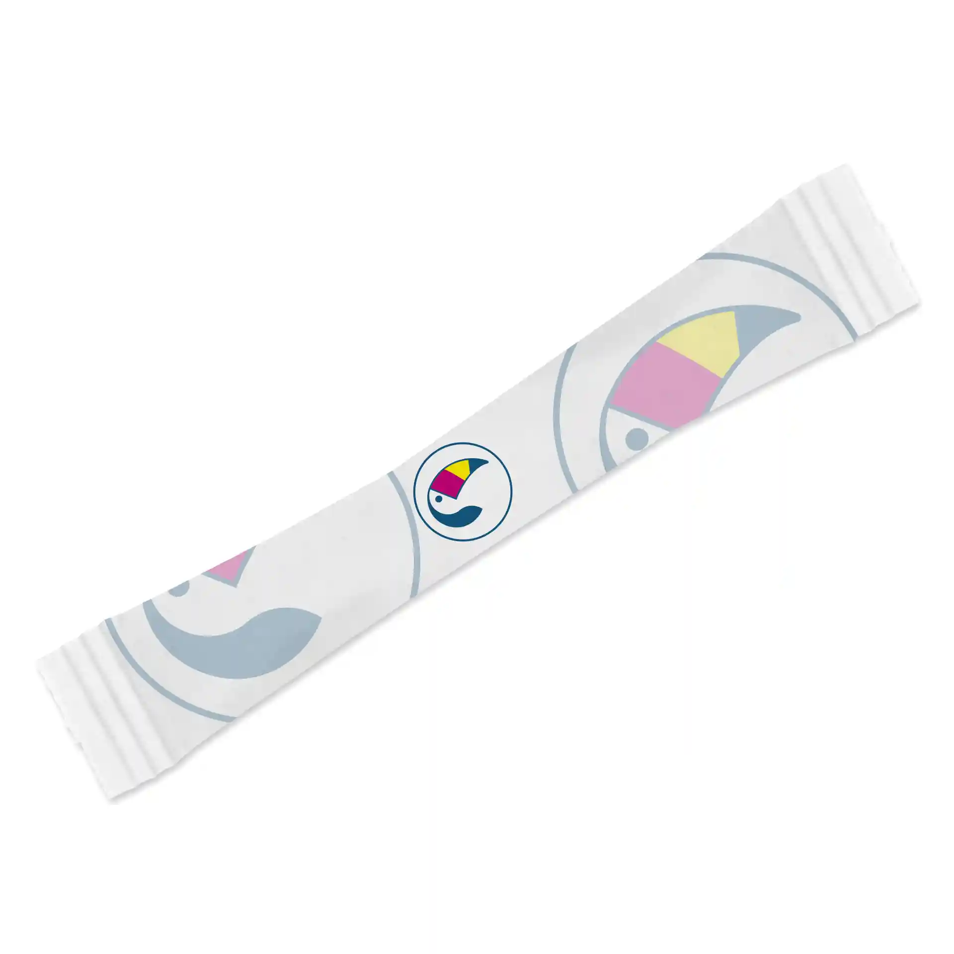Weißer Zuckerstick mit Logo und bunten geometrischen Designs, 100 mm lang und 30 mm breit.