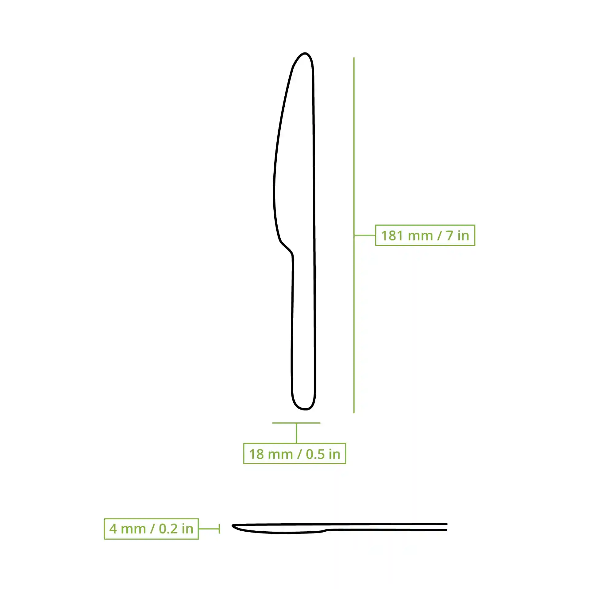 Schematische Zeichnung eines Messers mit Abmessungen: 181 mm Länge, 18 mm Breite und 4 mm Höhe.