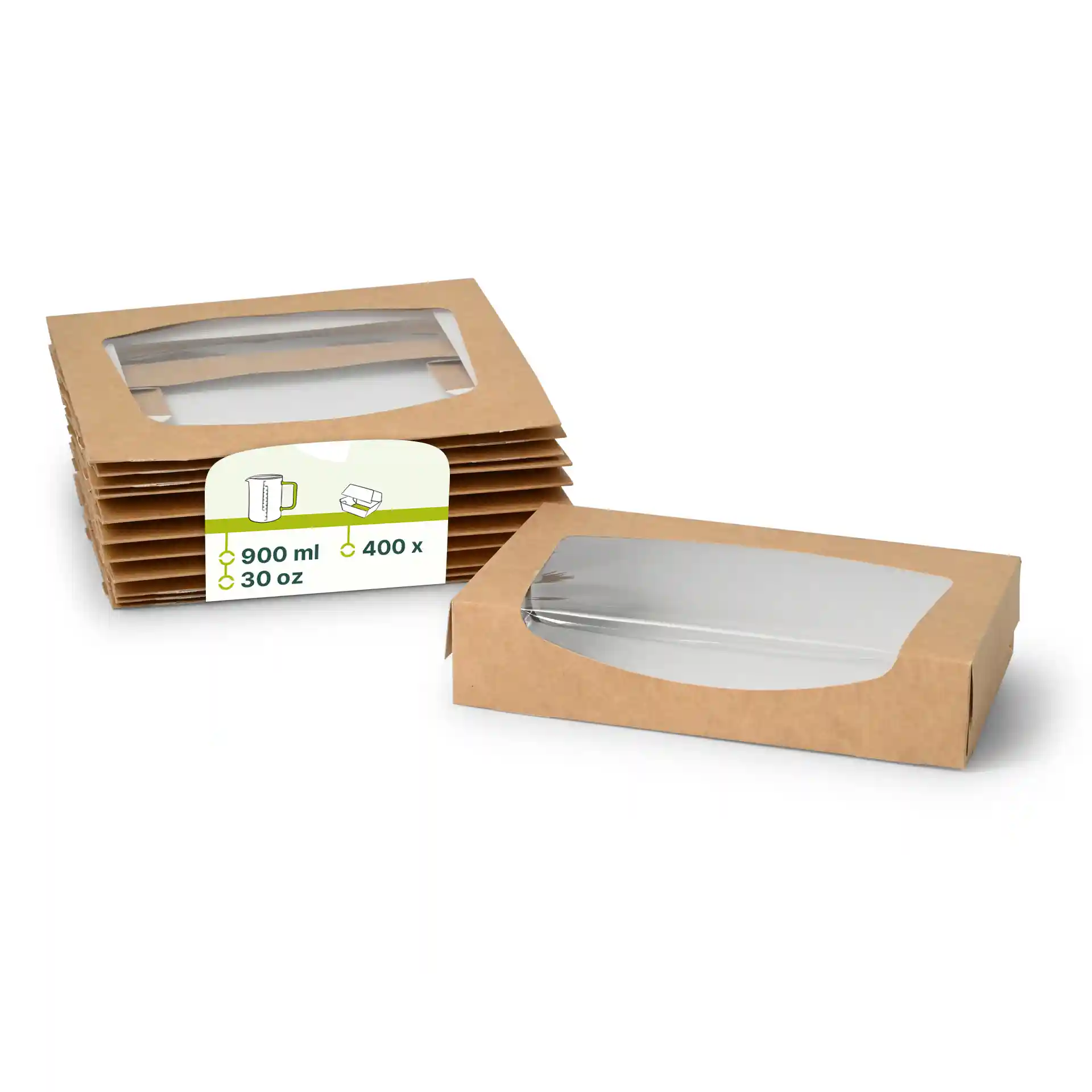 Braune Kartonfensterboxen mit klarem Plastikdeckel, 20 x 12 x 4 cm, gestapelt mit einer Box vorne.