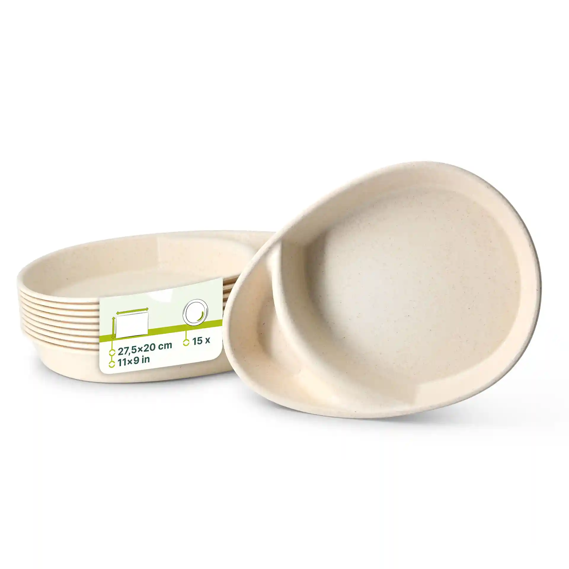 Reusable divided plates in creamy white with two compartments, measuring 27.5 × 20 cm.