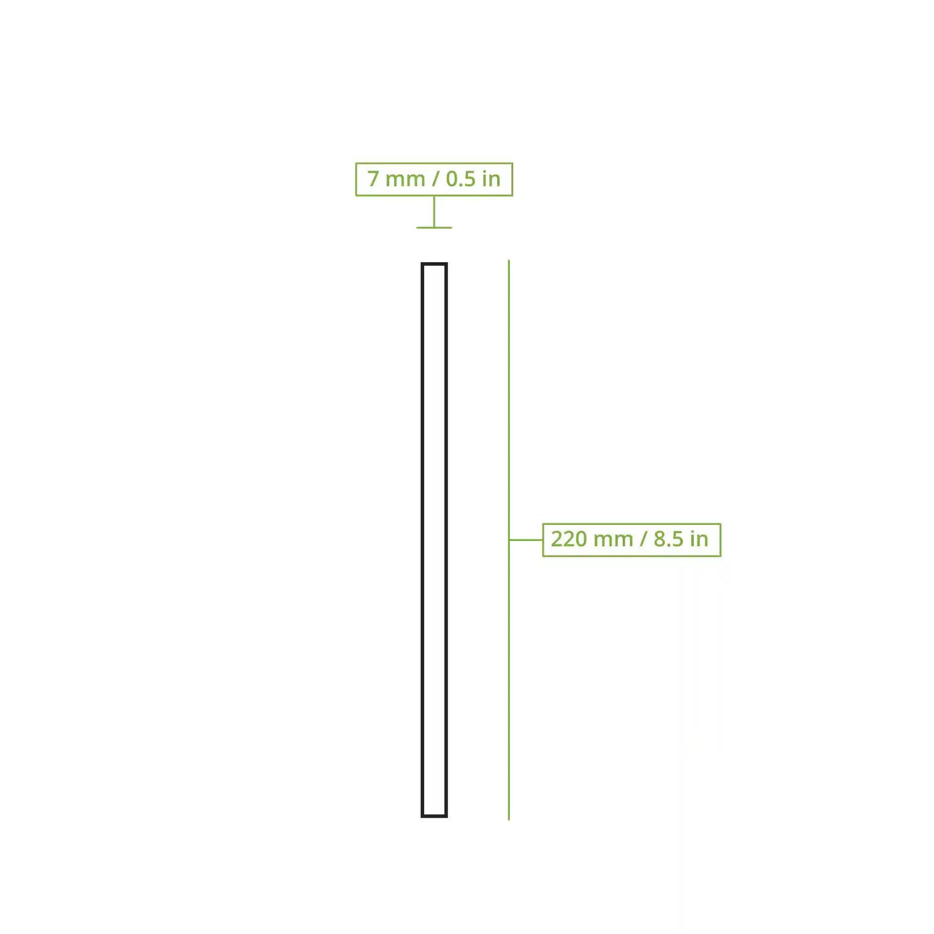 Schematic drawing of a black reusable straw with dimensions of 220 mm length and 7 mm diameter.