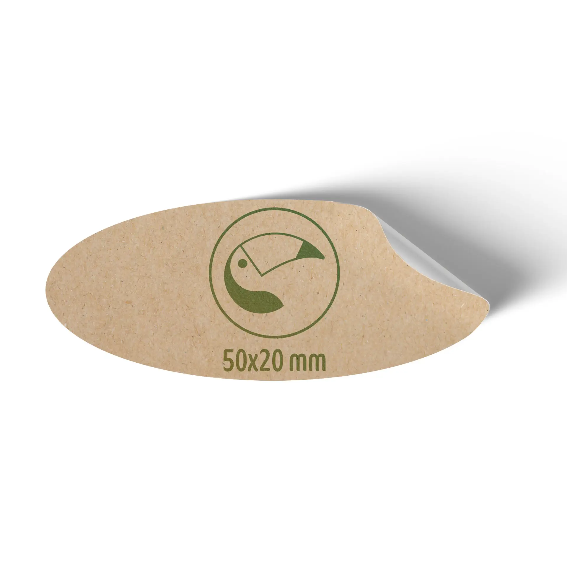 Kraft paper label in oval shape, measuring 50x20 mm, with a symbol and dimensions printed in green.