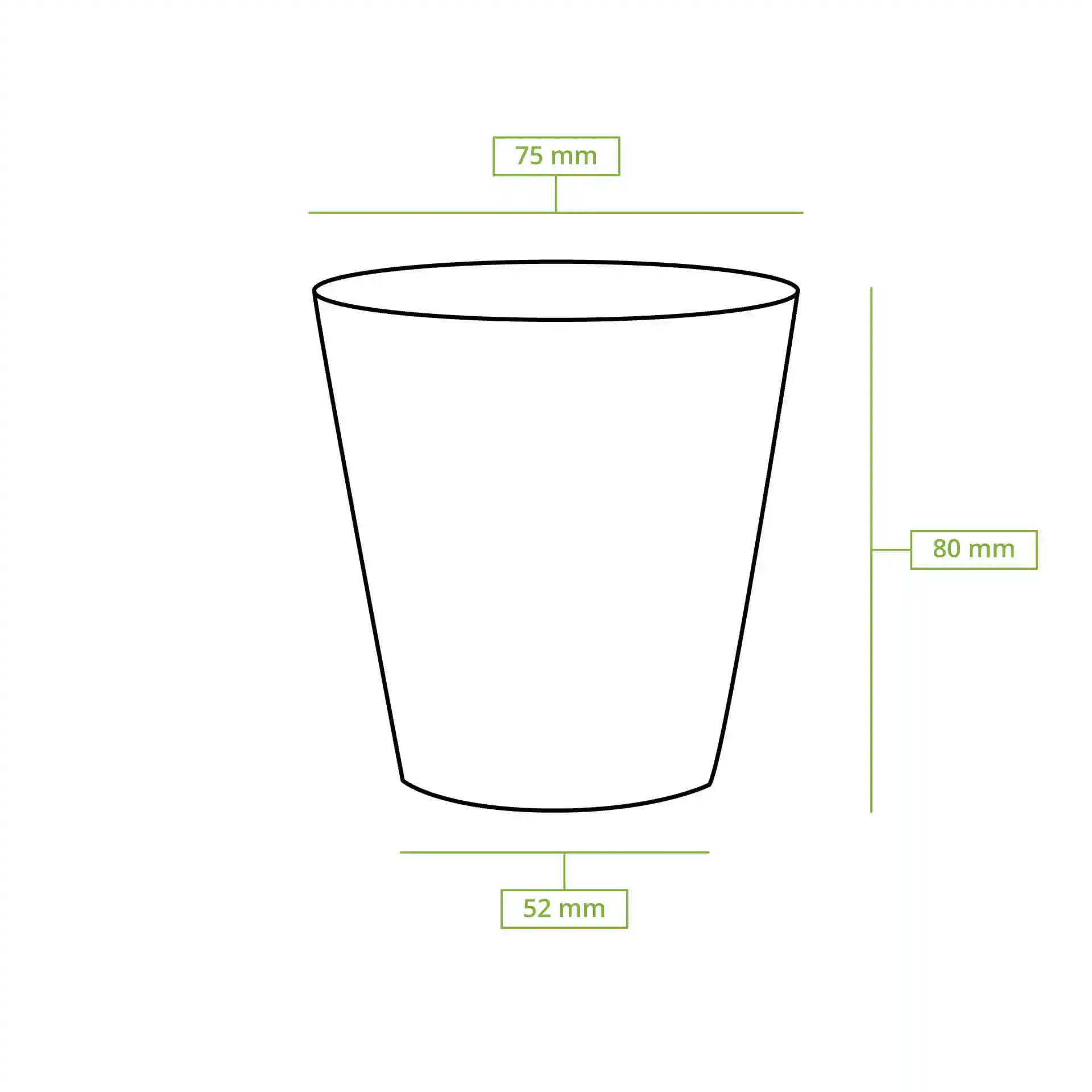Schematic drawing of a round paper cup with dimensions: height 80 mm, top diameter 80 mm, bottom diameter 53 mm.