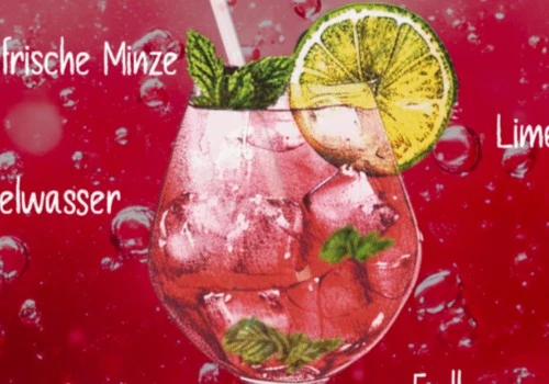 Glass of pink beverage with mint leaves and a lime slice, on a red background with white text.
