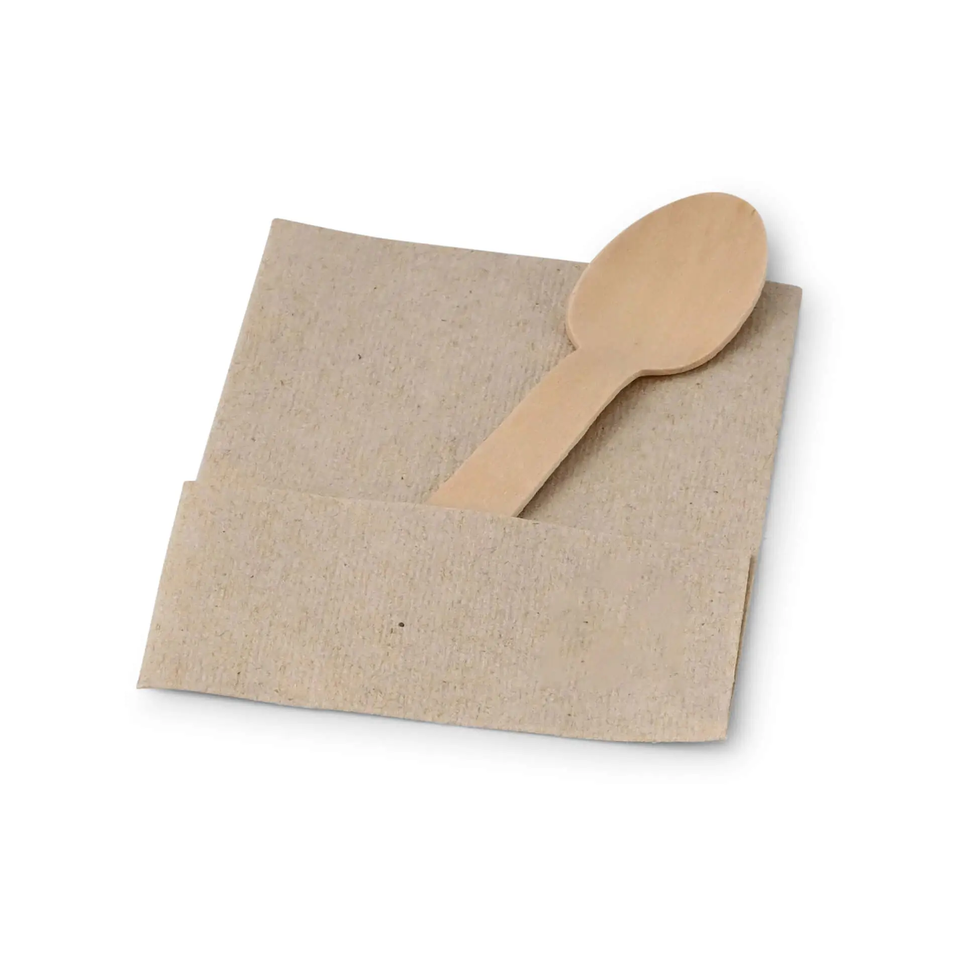 Rectangular unbleached rPaper napkin with a wooden spoon placed on top.