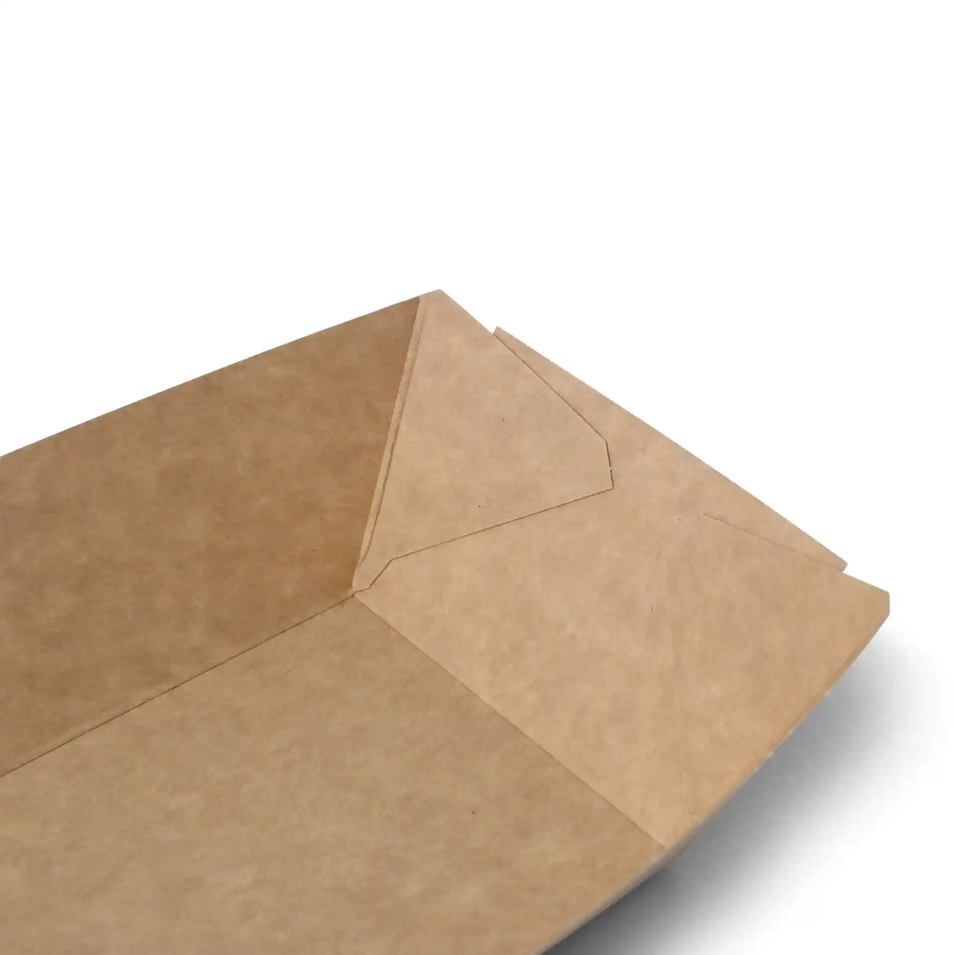 Close-up of a brown cardboard snack bowl with folded corners, showing its deep rectangular shape.