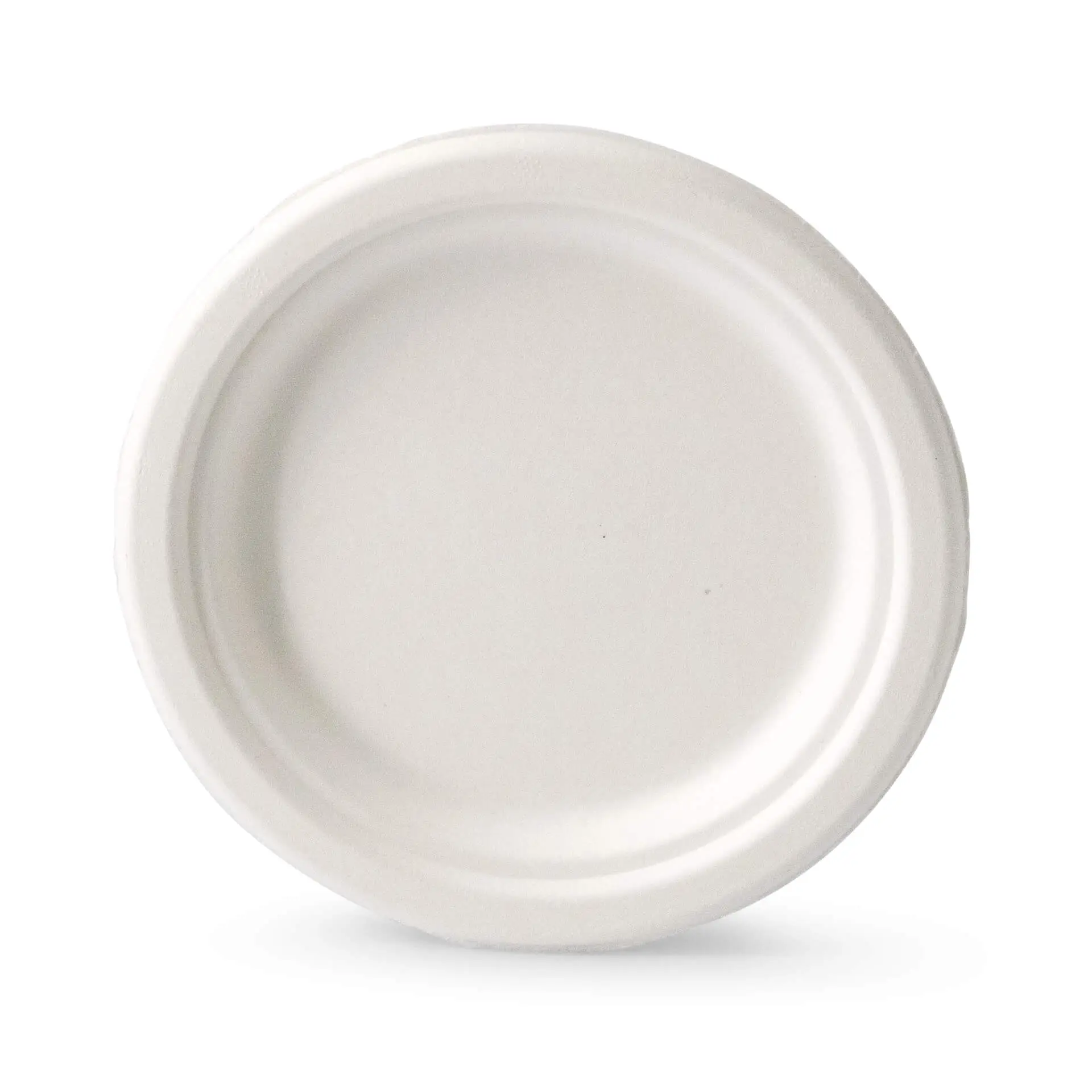 Round disposable plate made from sugarcane, 17 cm in diameter, suitable for hot and cold foods.