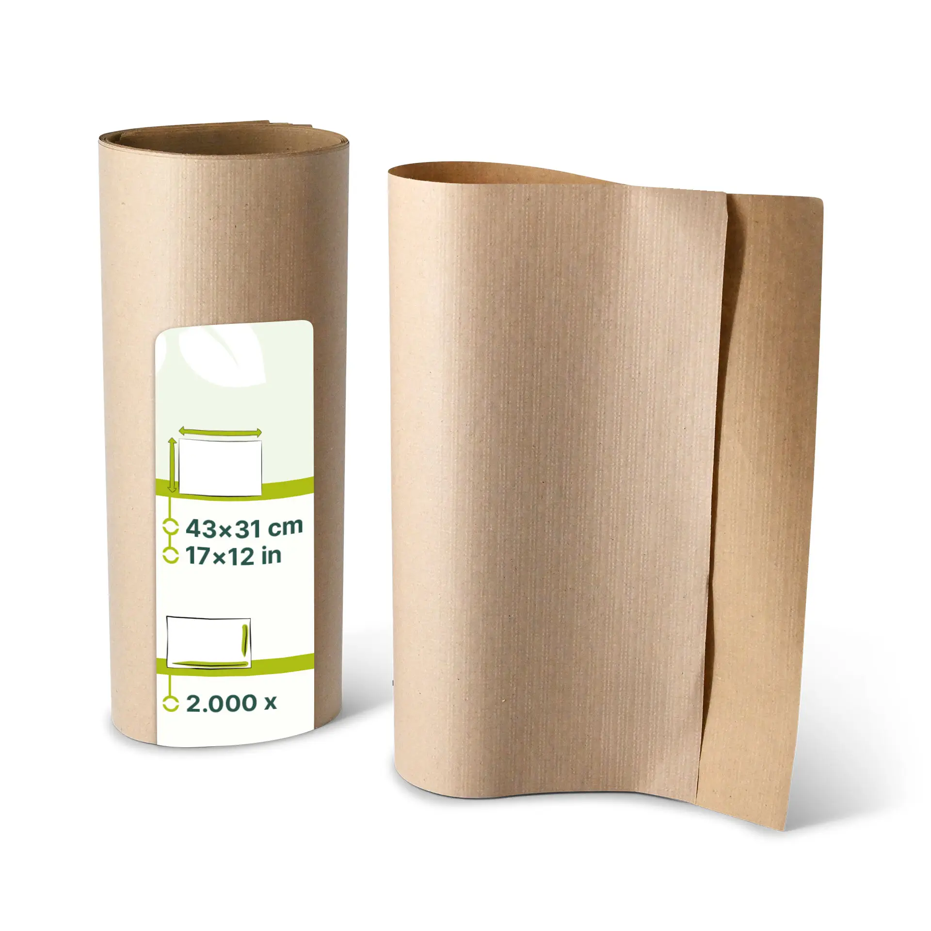 Two rolls of unbleached rPaper placemats, each measuring 43 x 31 cm, with a label showing dimensions and quantity.