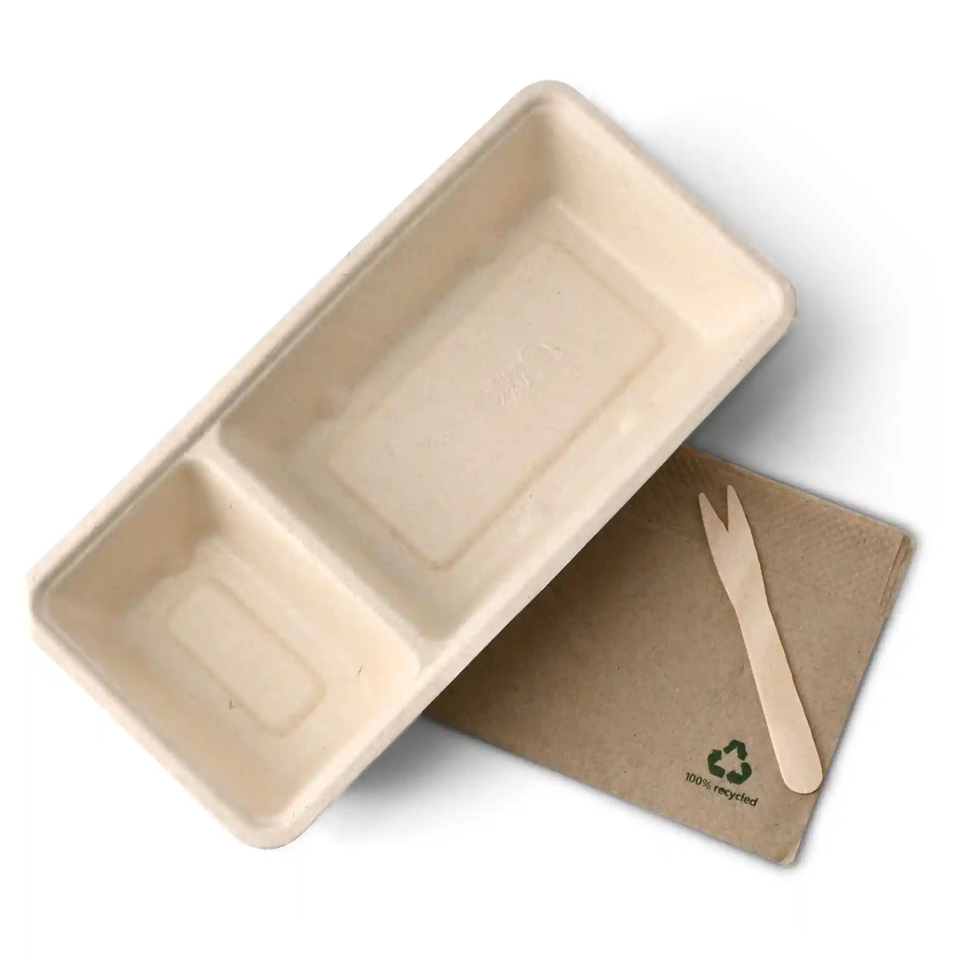 Cremeweiße rechteckige Bagasse-Chip-Schale mit zwei Fächern, 9,5 x 20 x 3,5 cm, neben einer Pappgabel.
