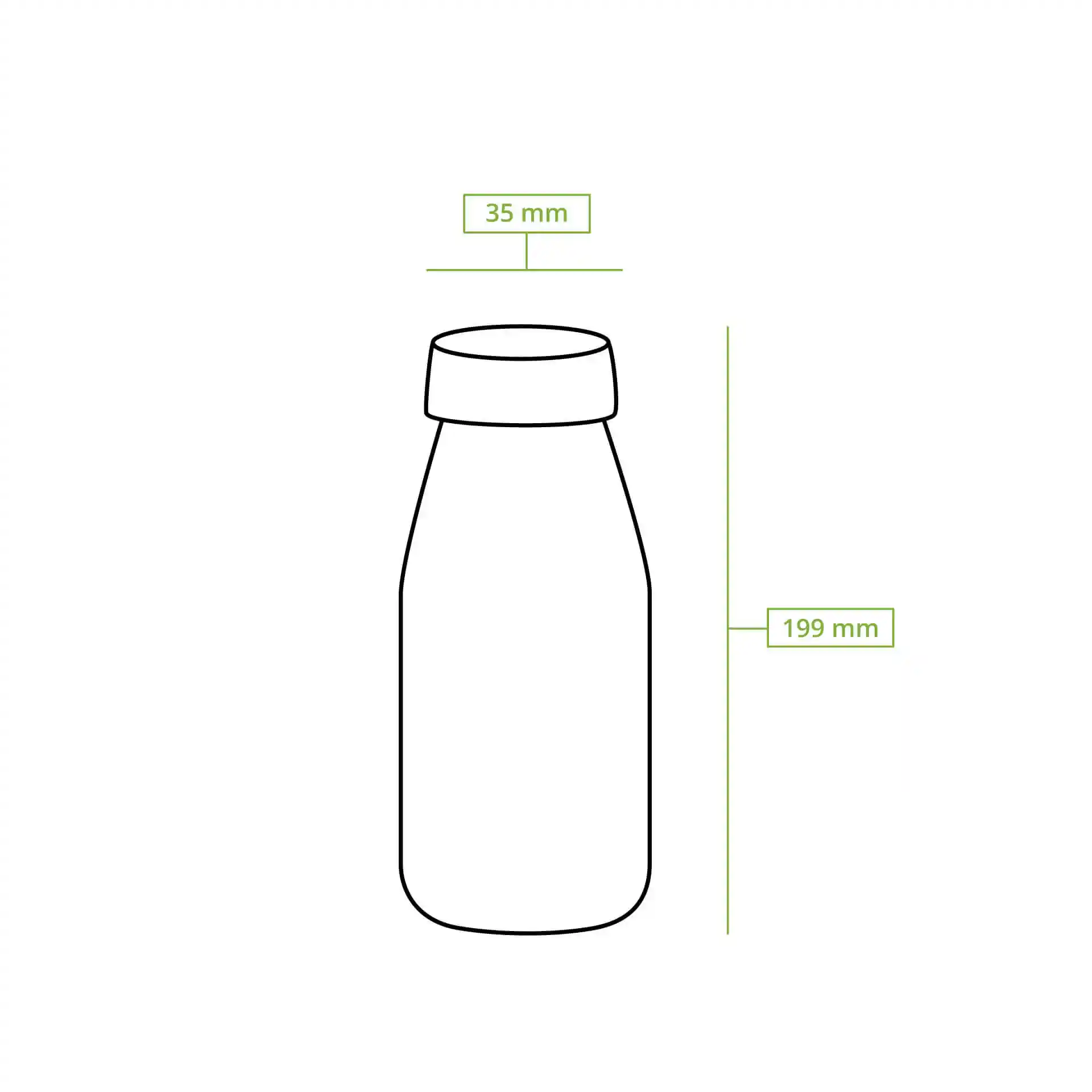 Schematische Zeichnung einer klaren rPET-Flasche mit schwarzem Deckel, Höhe 199 mm und Durchmesser 35 mm.