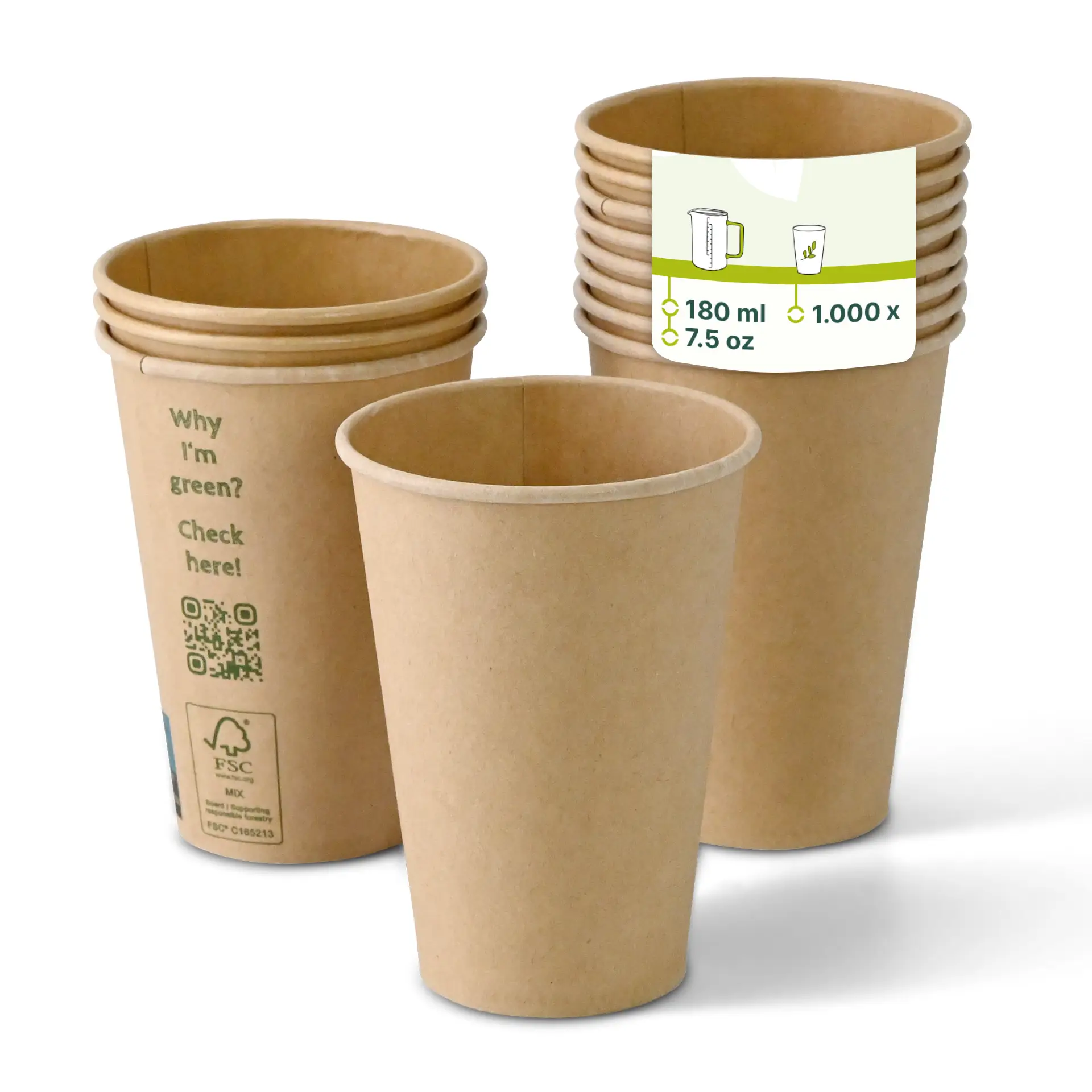One brown cardboard to-go cup with a PLA coating; several similar cups behind it; visible QR code and product information label.