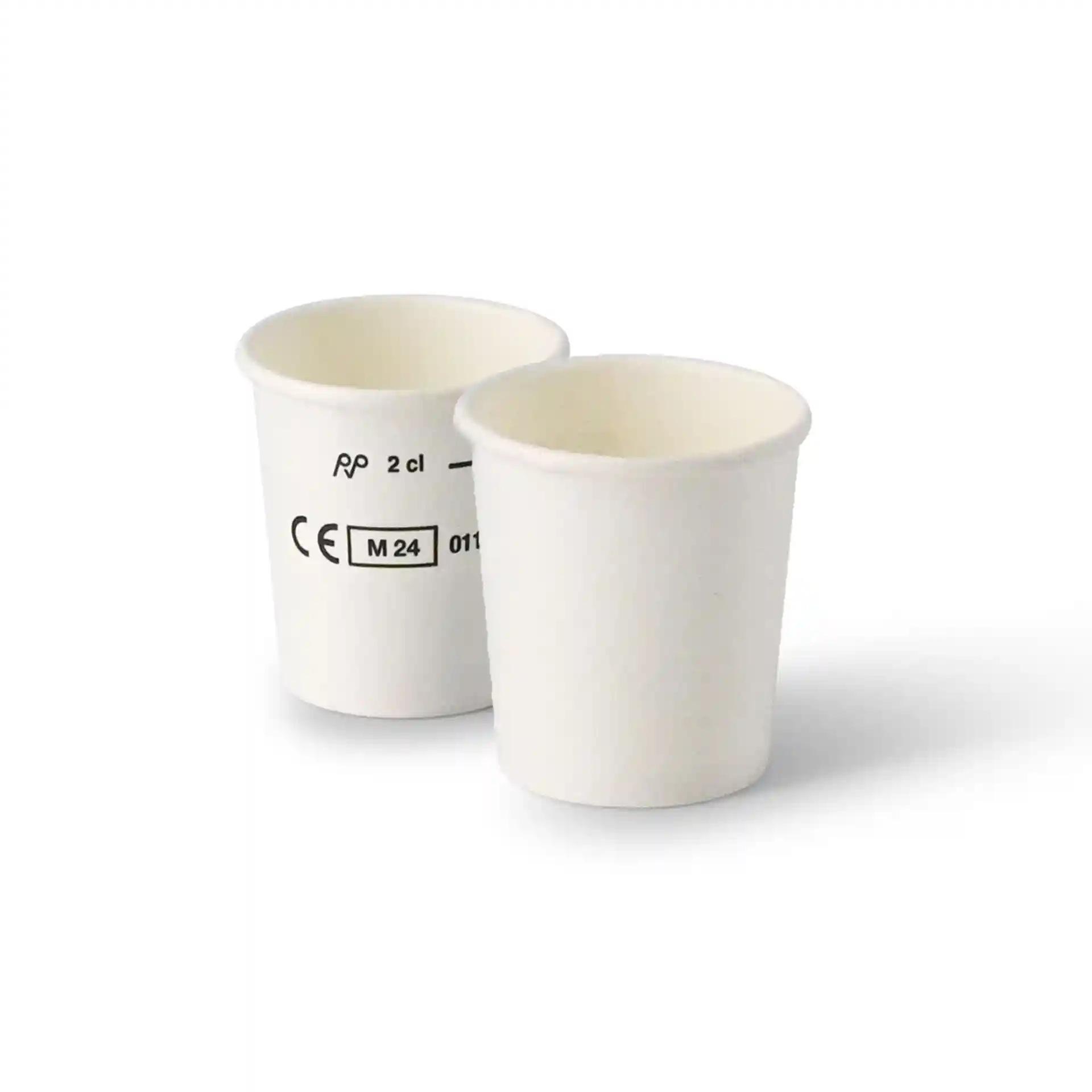 Weiße Becher mit einer Höhe von 40,6 mm und einem Durchmesser von 40 mm, mit bedruckten Markierungen.