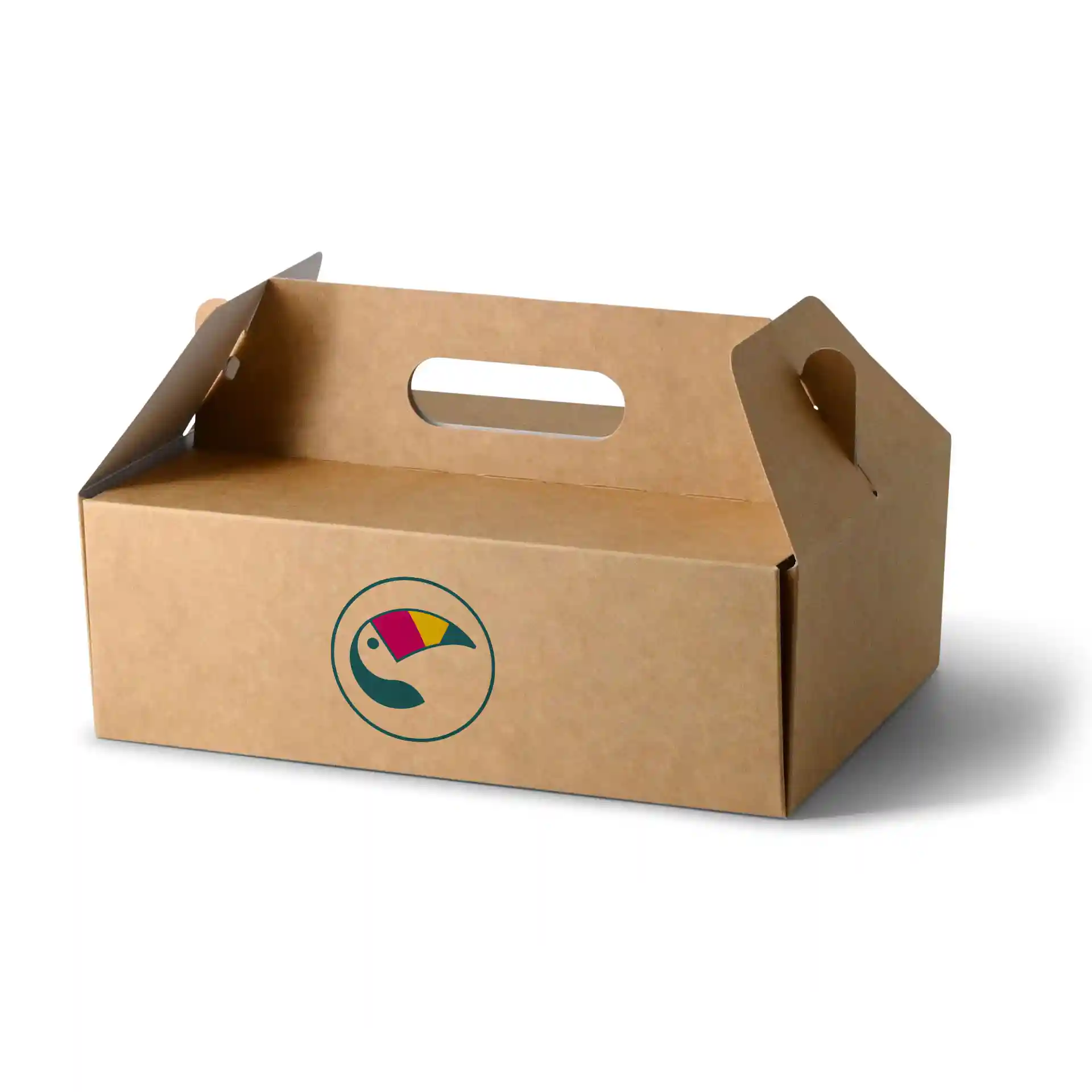 Braune, individuell bedruckte Kuchenbox mit Griff, 26 x 17 x 9 cm, mit rundem Logo auf der Vorderseite.