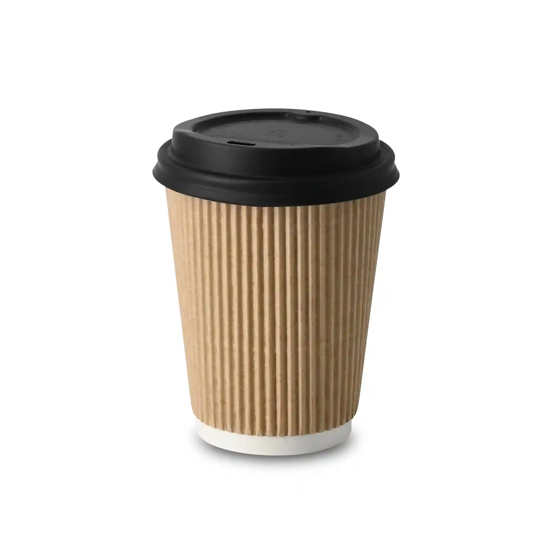 Brauner gerippter Becher mit schwarzem Deckel, 12 oz Größe und weißem Innenraum.