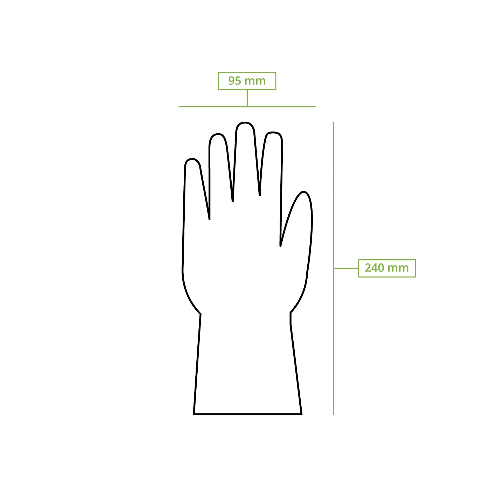 Black powder-free nitrile glove outline with dimensions; suitable for sensitive hands, size M.