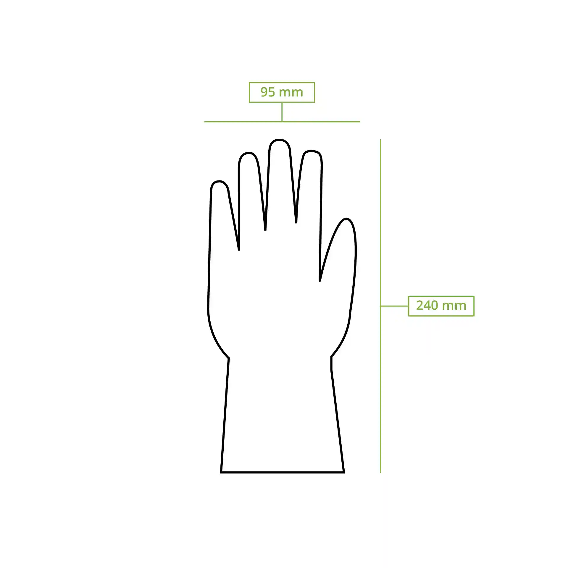 Schematische Zeichnung einer Hand mit den Maßen 95 mm Breite und 240 mm Länge.